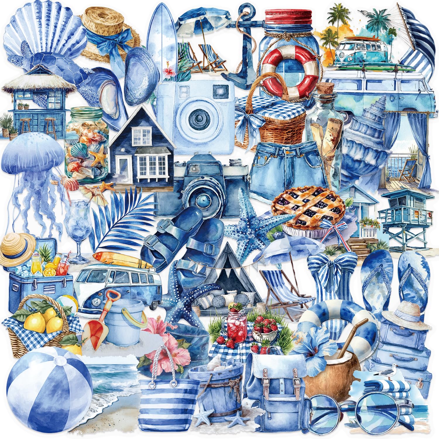 50Pcs Transparent Blue Beach Stickers for Teens and Adults, Coastal Seaside Scrapbook Stickers for Journals Notebooks, Summer Travel Decoration for Laptops Water Bottles Smooth Surfaces — image 1