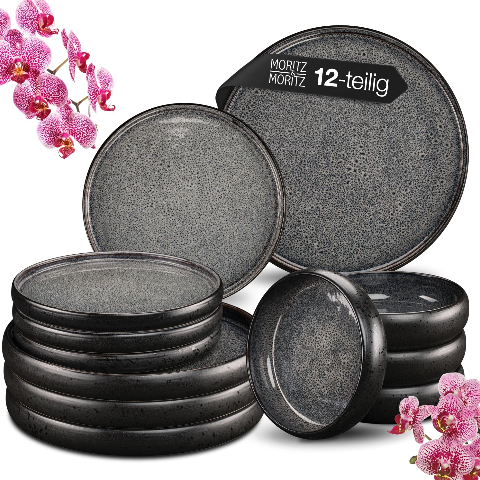 Moritz & Moritz SOLID Steinzeug Geschirrset 4 Personen, 12-tlg. Geschirr Set in Anthrazit, Schüssel- und Teller Set aus besonders robustem Steinzeug, Kombiservice Tafelservice 4 Personen