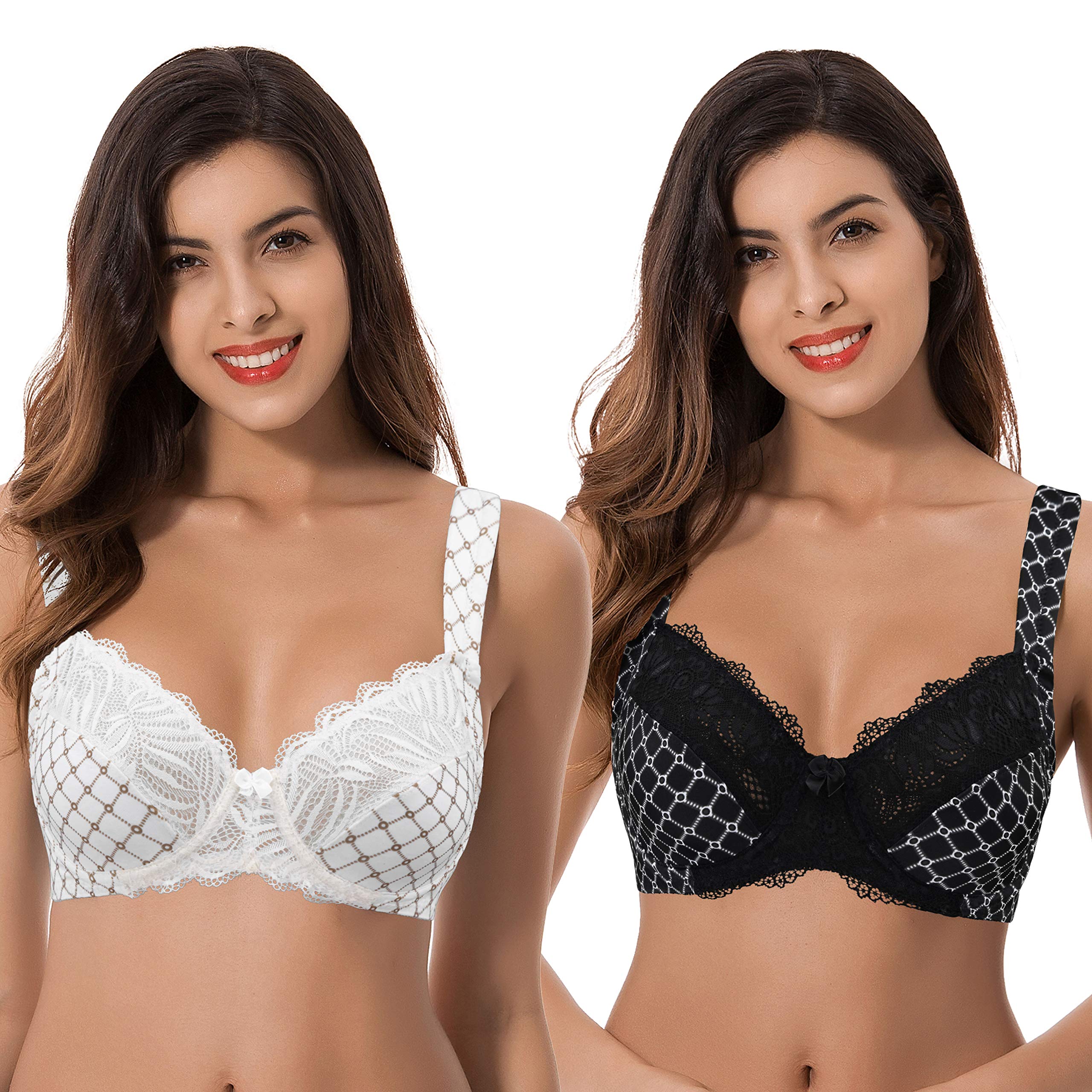 Curve MuseWomen's Plus Size Unlined Underwire Lace Bra with Cushion Straps-2PK