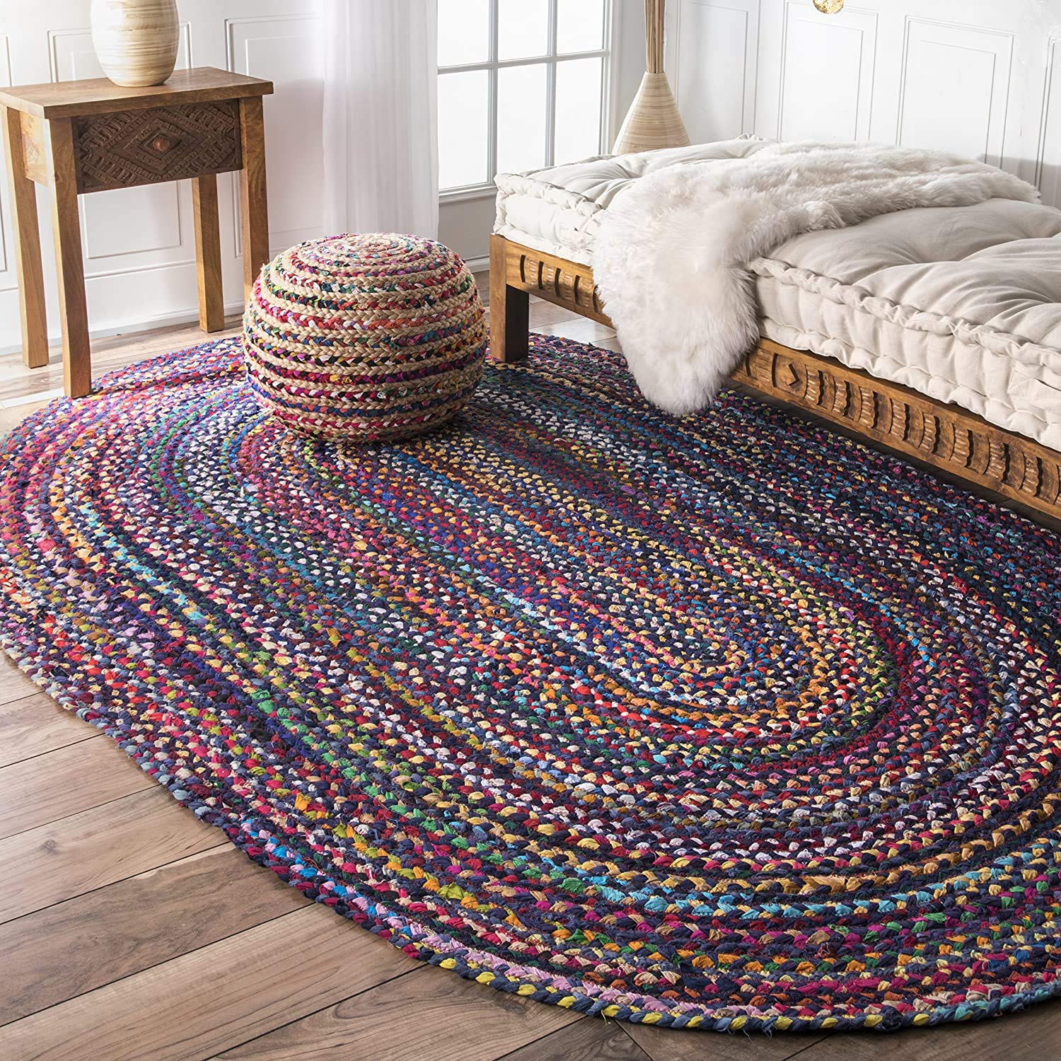 Handmade Braided Blue Shade Multi Cotton Area Rug, Home Décor Rug, Jute Rug for Bedroom, Dining Room, Living Room, Doormat Rug Size - 5' x 8' Oval (150 cm x 240 cm)