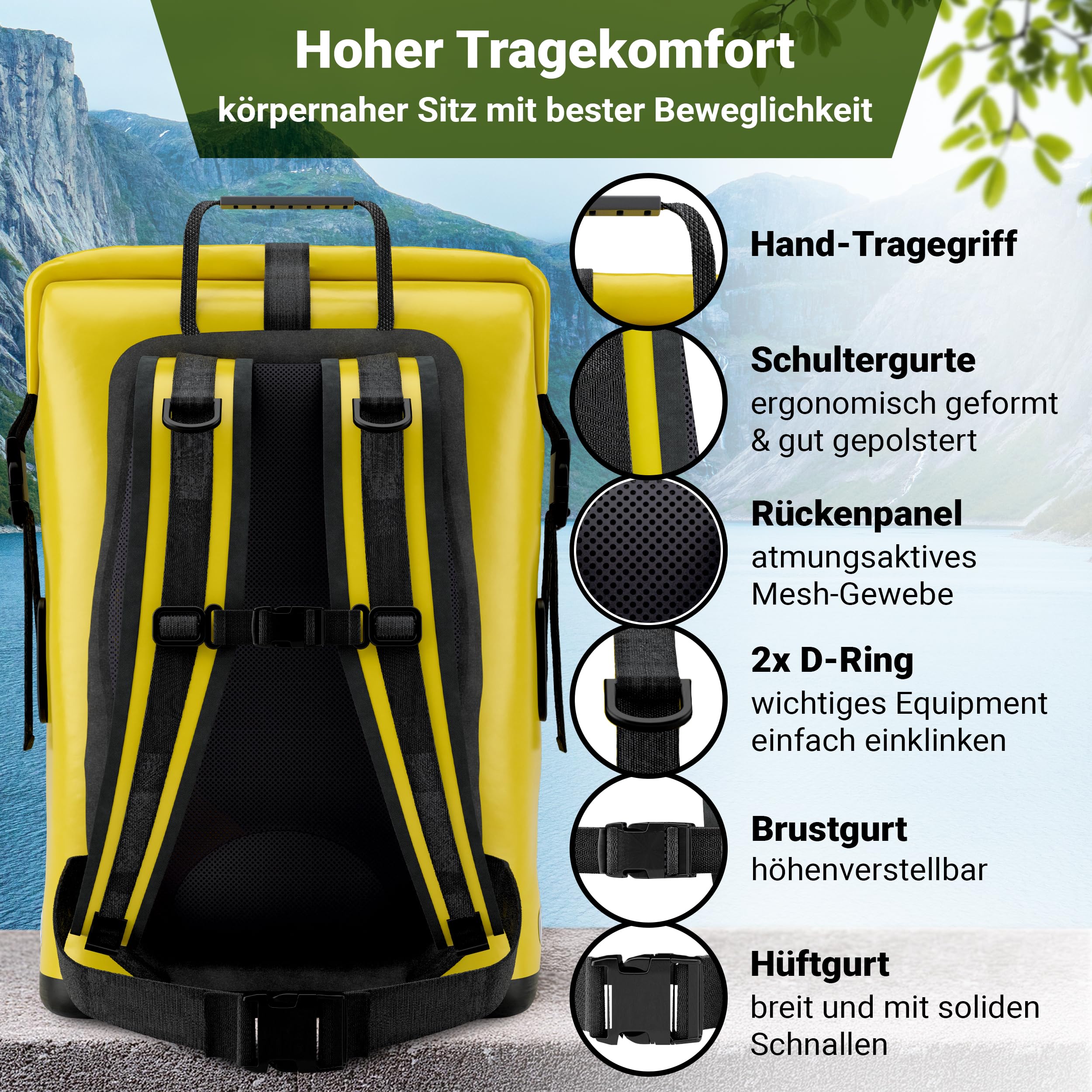 PIONEER wasserdichter Rucksack mit Rolltop Verschluss 35L 55L schwarz gelb oliv-grün - extra robust dank Boden mit 1000D PVC LKW-Plane, 3 Reflektor-wasserfeste IPX8 Handyhülle