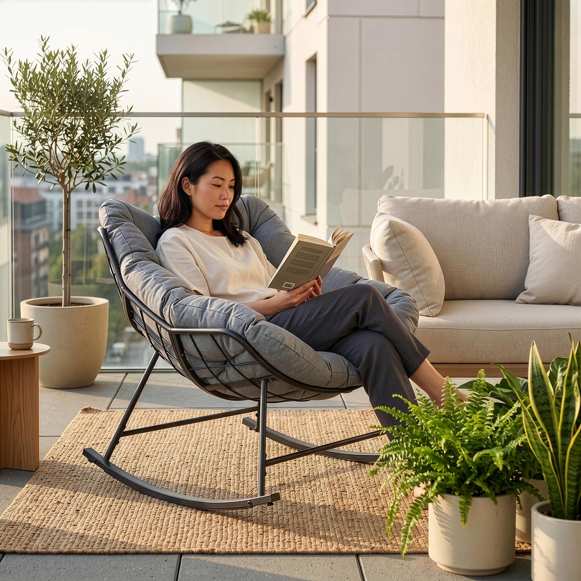 [en.casa] Silla Mecedora Villeneuve con cojín al Aire Libre Acero Gris | balancin jardin exterior 85x90x91cm acero textil máx. 120 kg