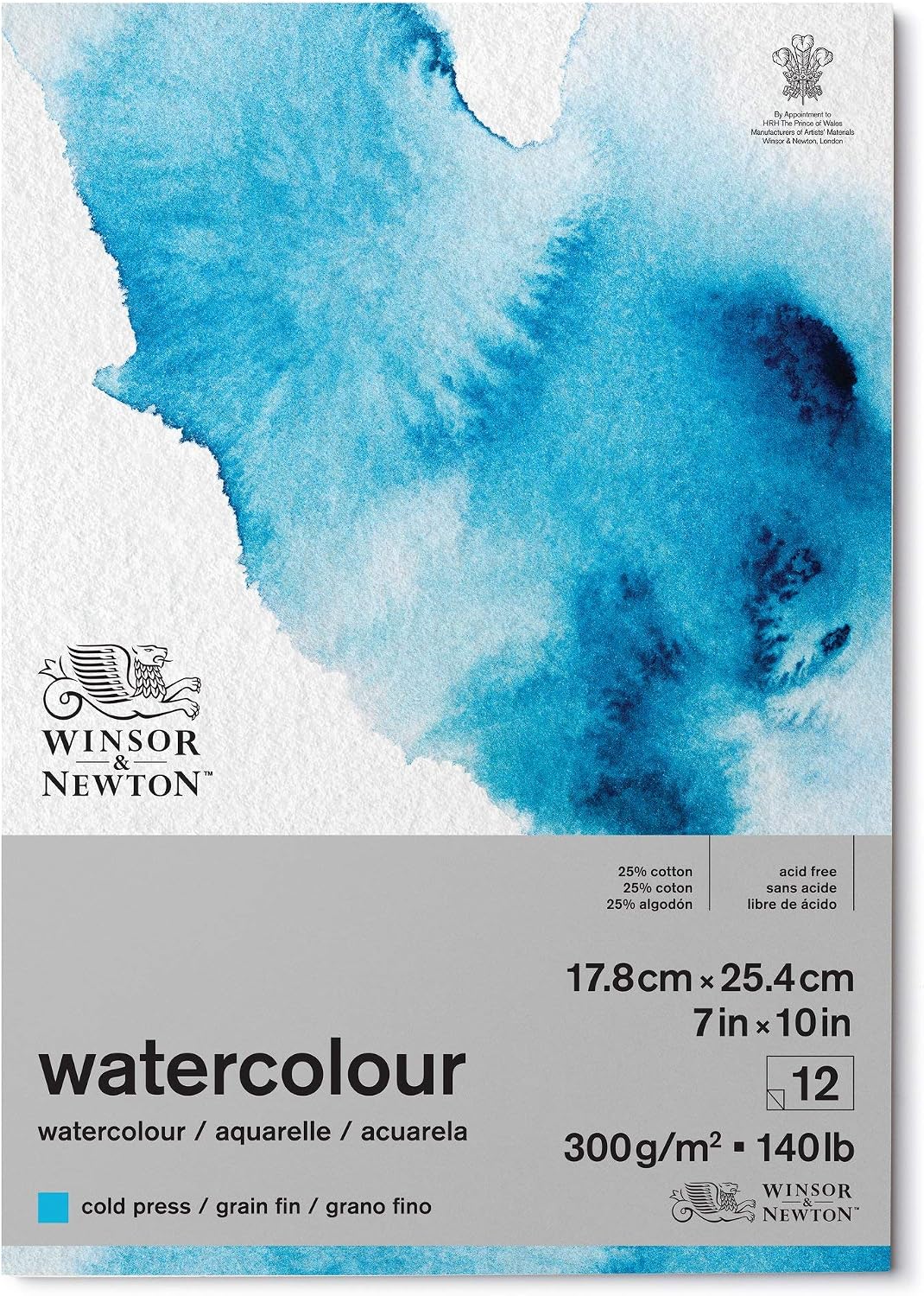 Winsor and Newton Watercolour Paper Pad, 17.8 x 25.4 cm, 12 Sheets, 300 g/m, Glue Bound, Cold Pressed, Acid