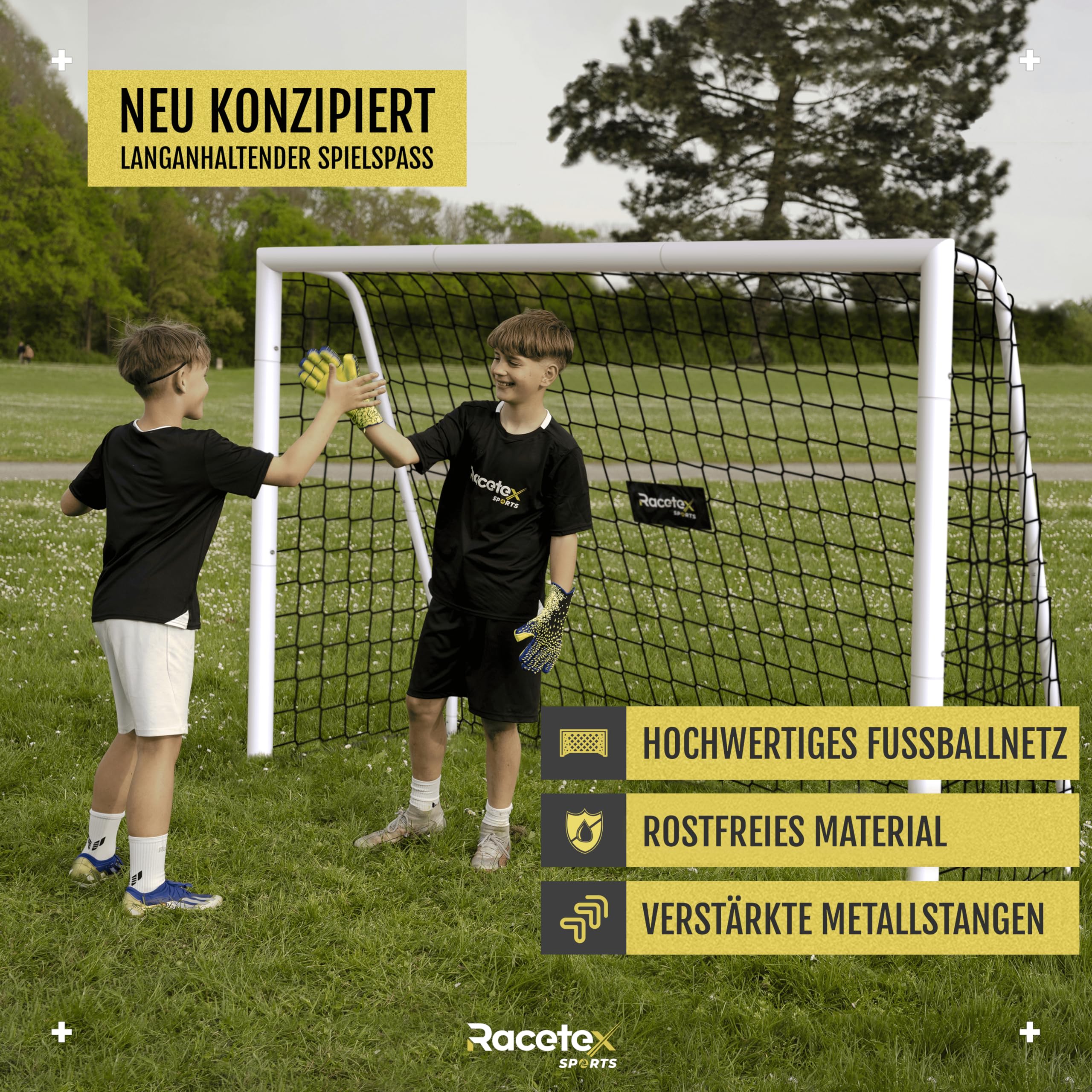 Racetex Fussballtore für Garten Kinder und Erwachsene [ENORM ROBUST] - Fußballtor Kinder mit Stabiler Stahlrahmen Front - Fußballtore inkl. Edelstahl Erdanker - Das Tor für den Garten