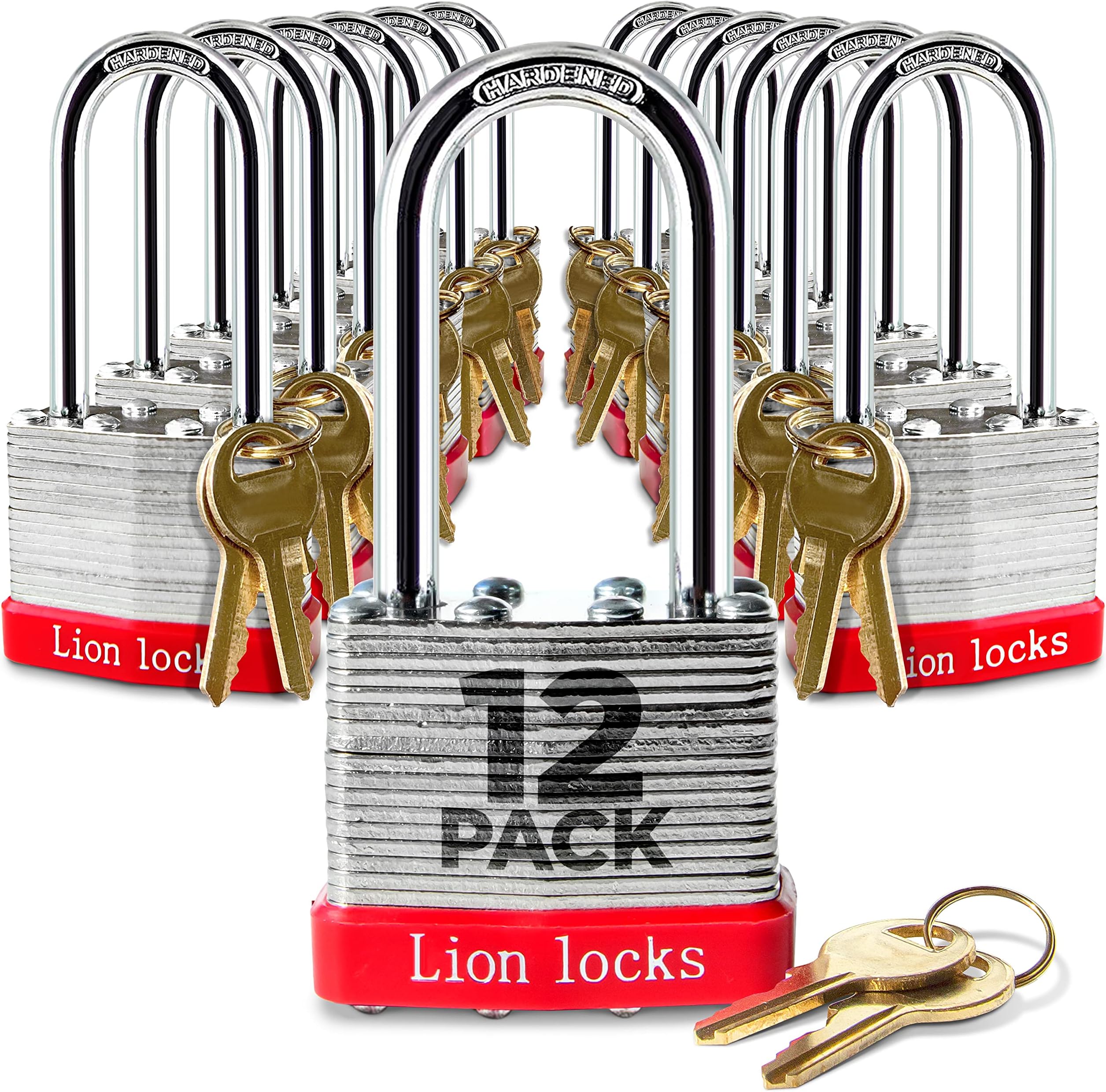 12 Keyed Alike Padlocks with 2" Long Shackle, 24 Keys - Padlocks for Outdoor Use, Locks with Keys, Hardened Steel Case, Pick Resistant Brass Pin Cylinder for Hasp Latch, Locker, Gate