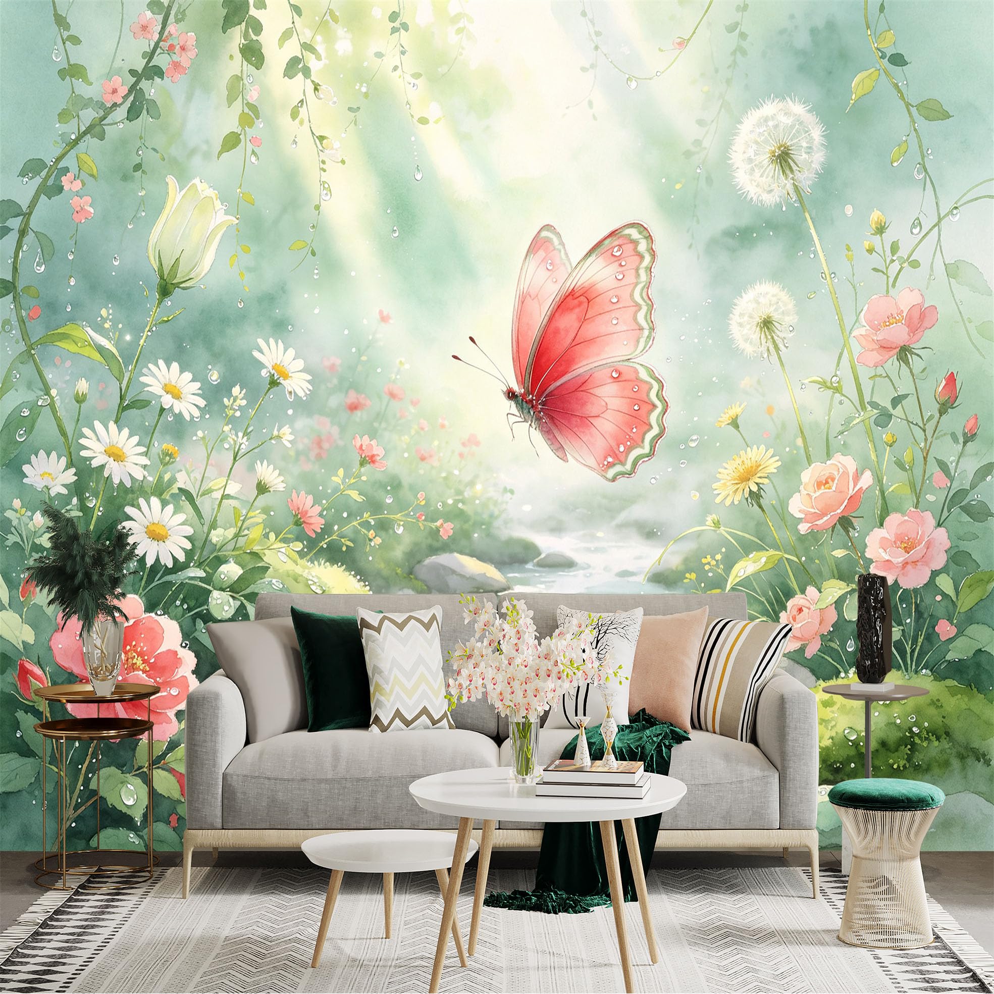 Lnzczhyre Bh260719561 Custom Size Wall Sticker Mural， Red Butterfly In Watercolor Garden， Blooming Flowers And Peaceful Stream， For Wall Decoration， Peelandstick Wall Decals.