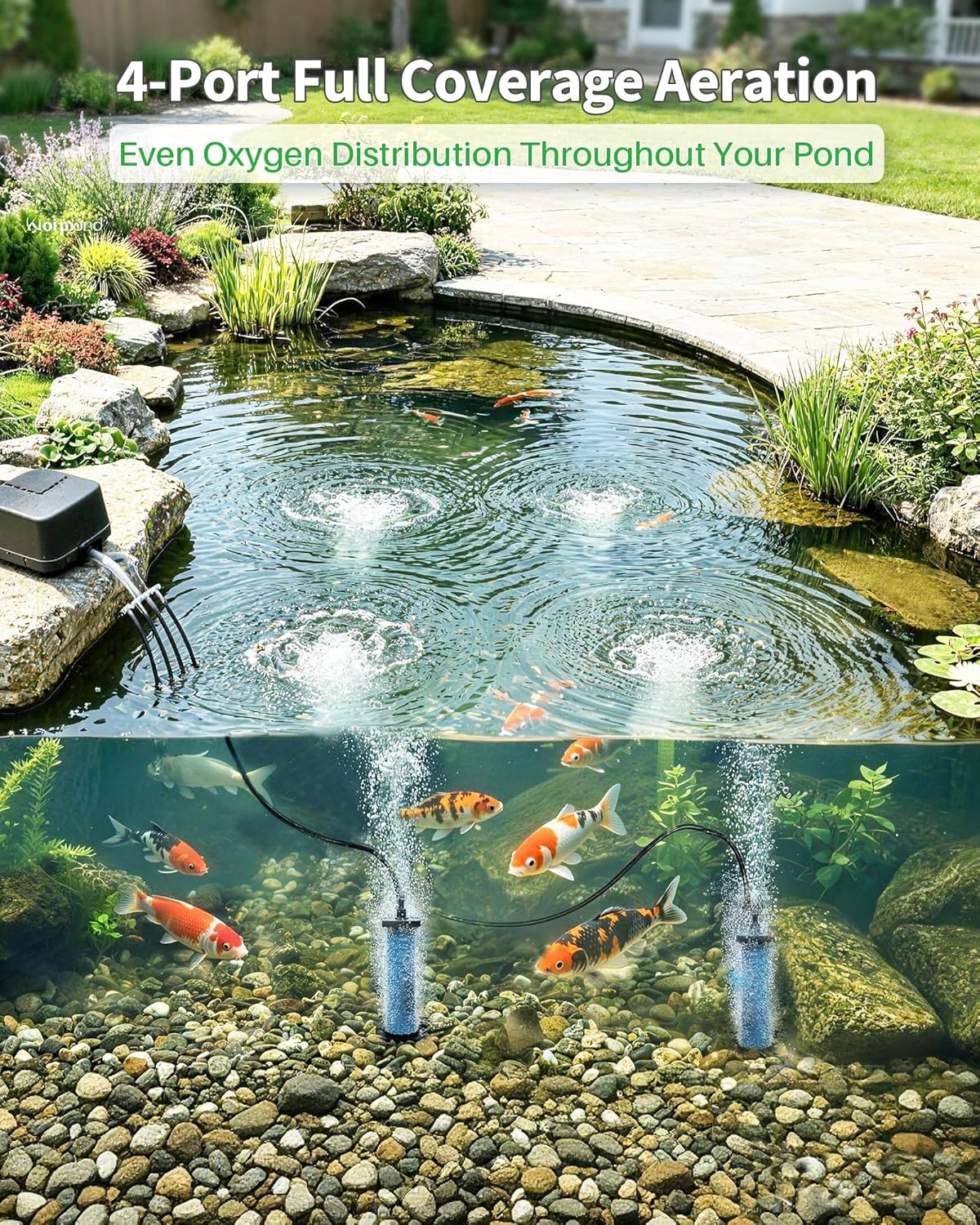 POPOSOAP Pond Aerator Accessories Kit Compatible with Air Pumps, 52FT Black Airline Tubing with 4-Way Splitter & 4 Bubble Stones Aeration Set for Outdoor Pond Fish Tank Septic Tank Water Garden P801