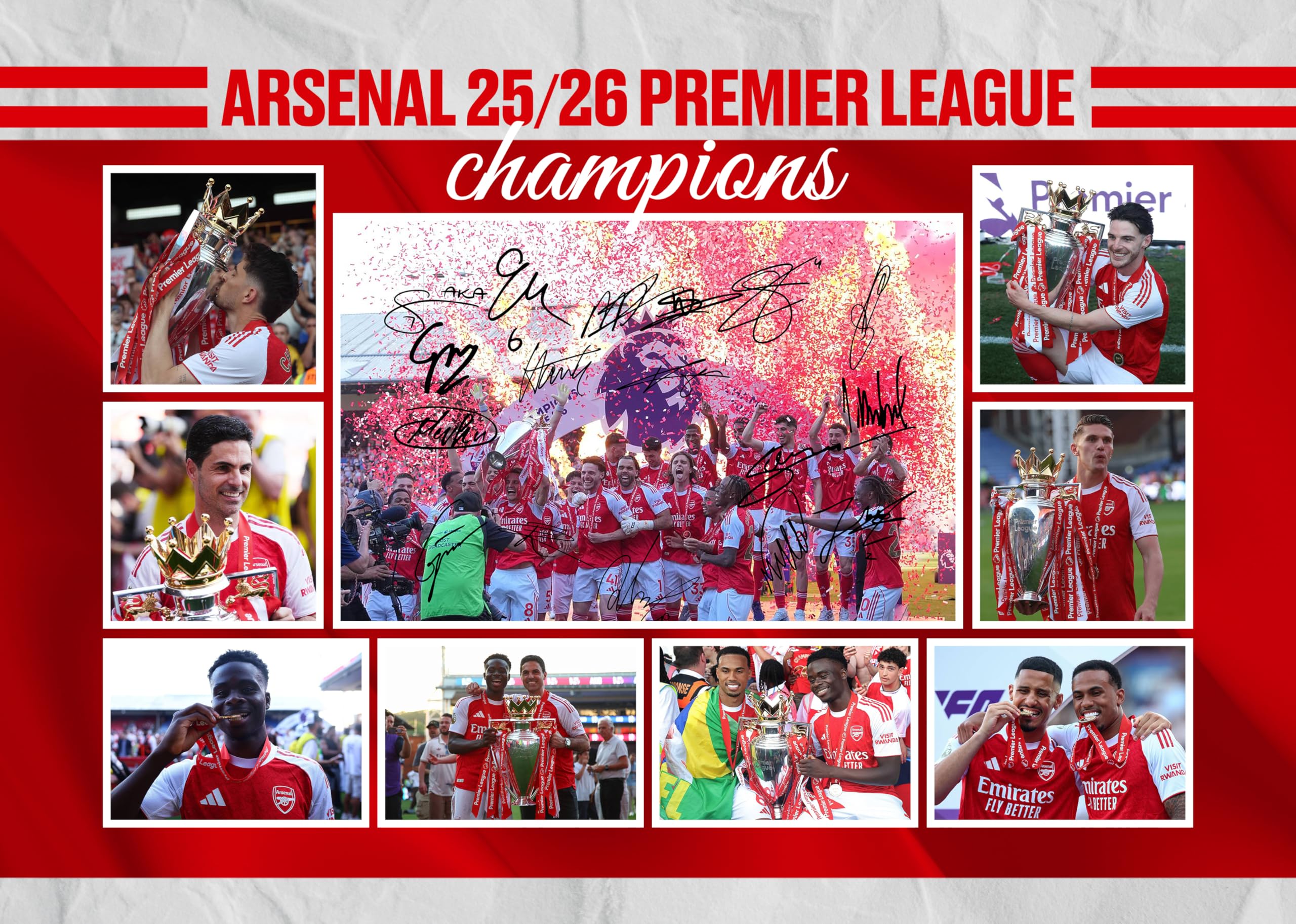 Arsenal - 2026 Premier League Champions Multi Signed A4 Montage Photo Print Which Would Make A Great Gift For Any Fan.