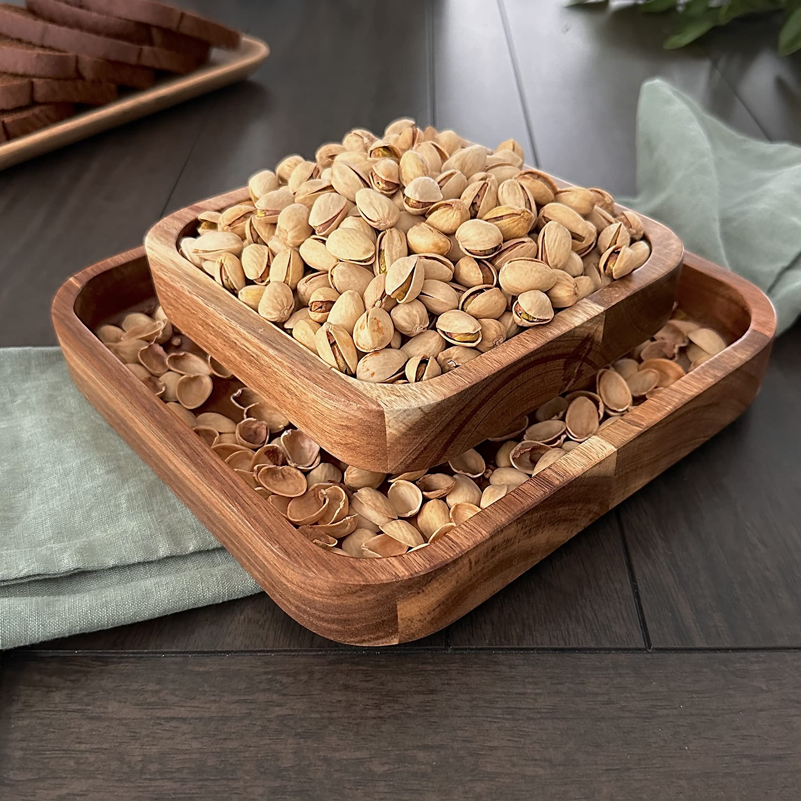 Penko Bamboo Pistachio Snack Bowl Double Dish Holder Bowl Pedestal and Sunflower Seed Nut Bowl with Shell Storage