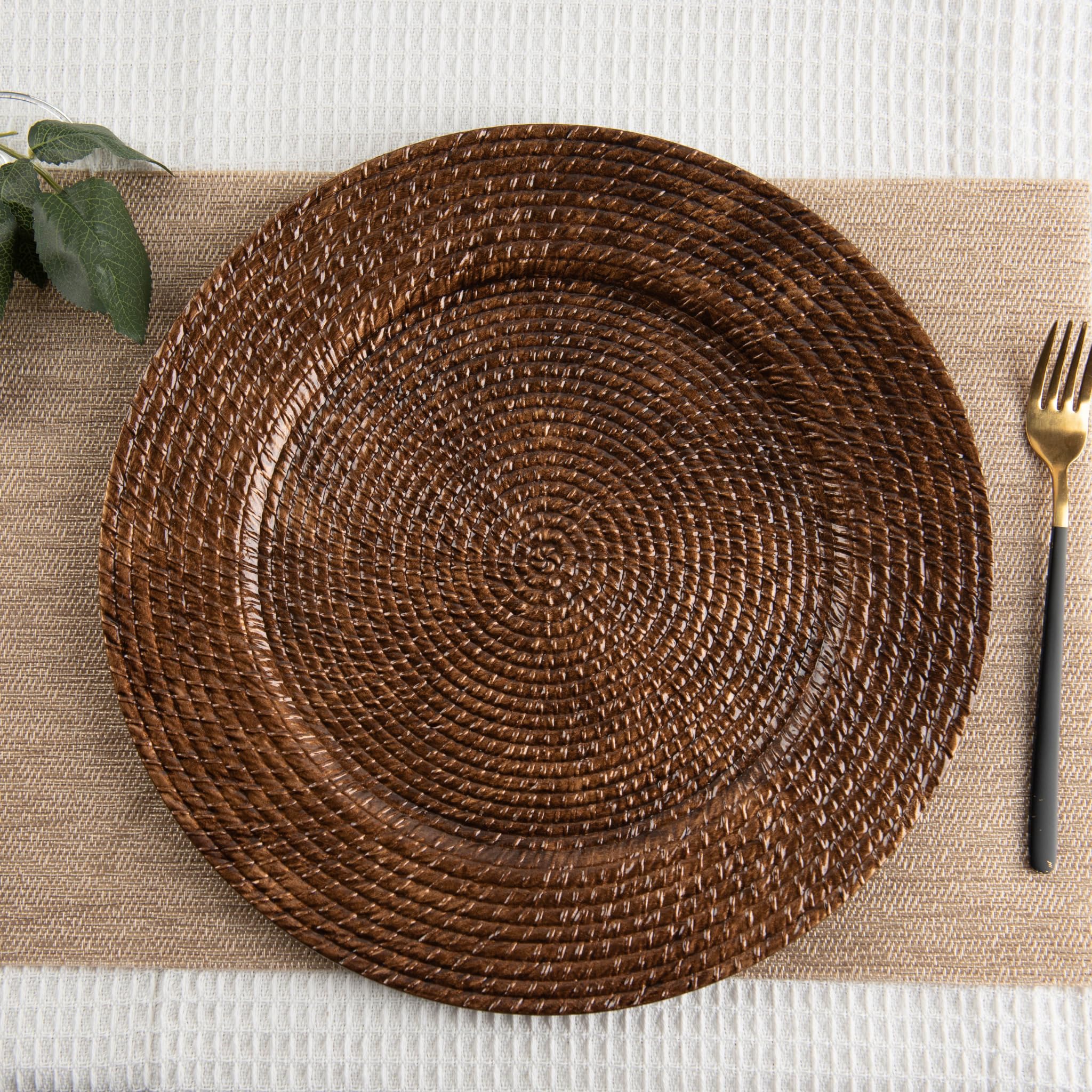 Brown Faux Rattan Braided Acrylic 13 Inch Decorative Round Charger Plate for Dinner Service Plates for Wedding Birthday Party Events Bridal Shower Dinner Decoration