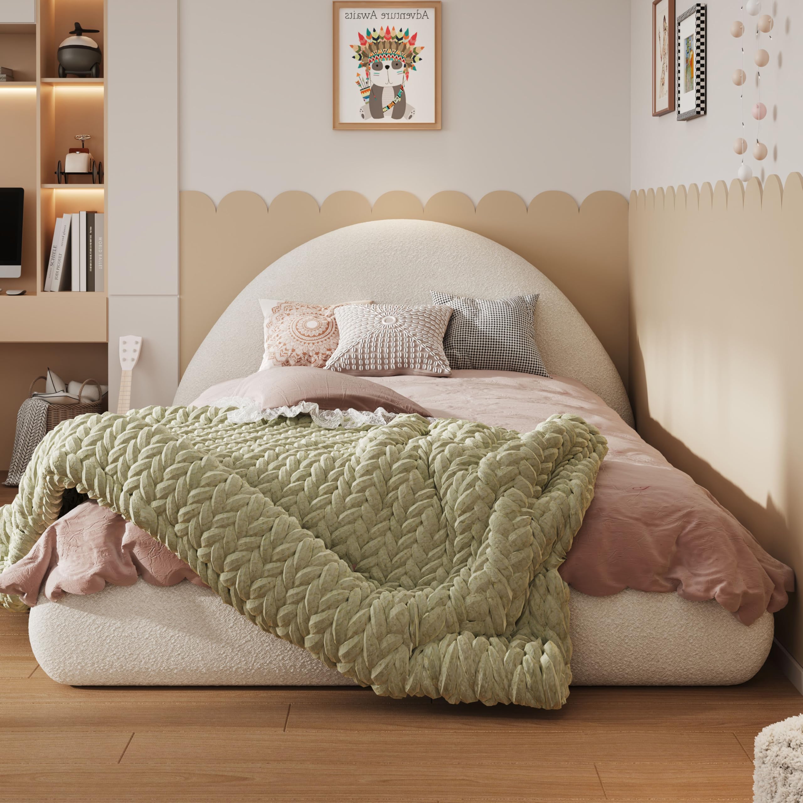 Christopher Knight Home Nielda Boucle Upholstered Twin Size Bed Frame with Headboard, Modern Twin Bed Frame and Headboard, Wooden Slats Support, Easy