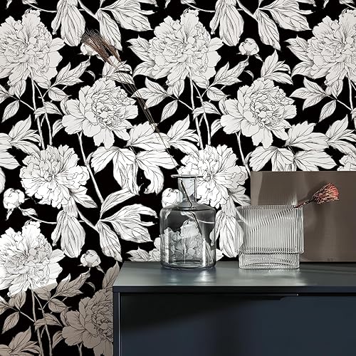 Miniatura 3 de HueBurst Papel tapiz floral para despegar y pegar, papel adhesivo blanco y negro para una fácil aplicación. Papel de pared floral bohemio, 118 x