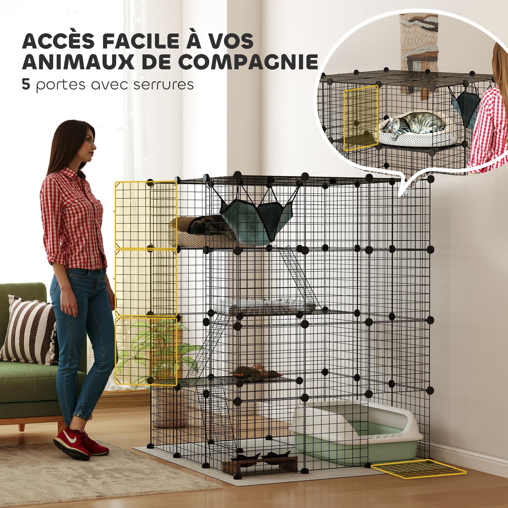 PawHut Clôture pour Animaux domestiques, enclos Lapin intérieur 4 Niveaux, 105 x 105 x 140 cm, Noir