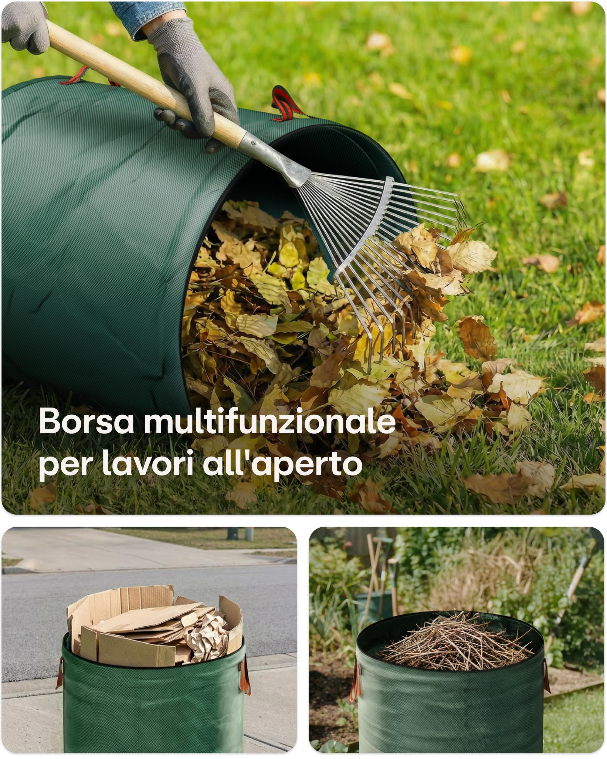 Praknu 3 Sacchi Giardinaggio 300 Litri con Coperchio a Zip - Sacchi Pieghevoli con 4 Maniglie Antistrappo - Sacco Giardino Raccogliere le Foglie - Sacco Erba Tagliata Giardino - Sacchi Giardino