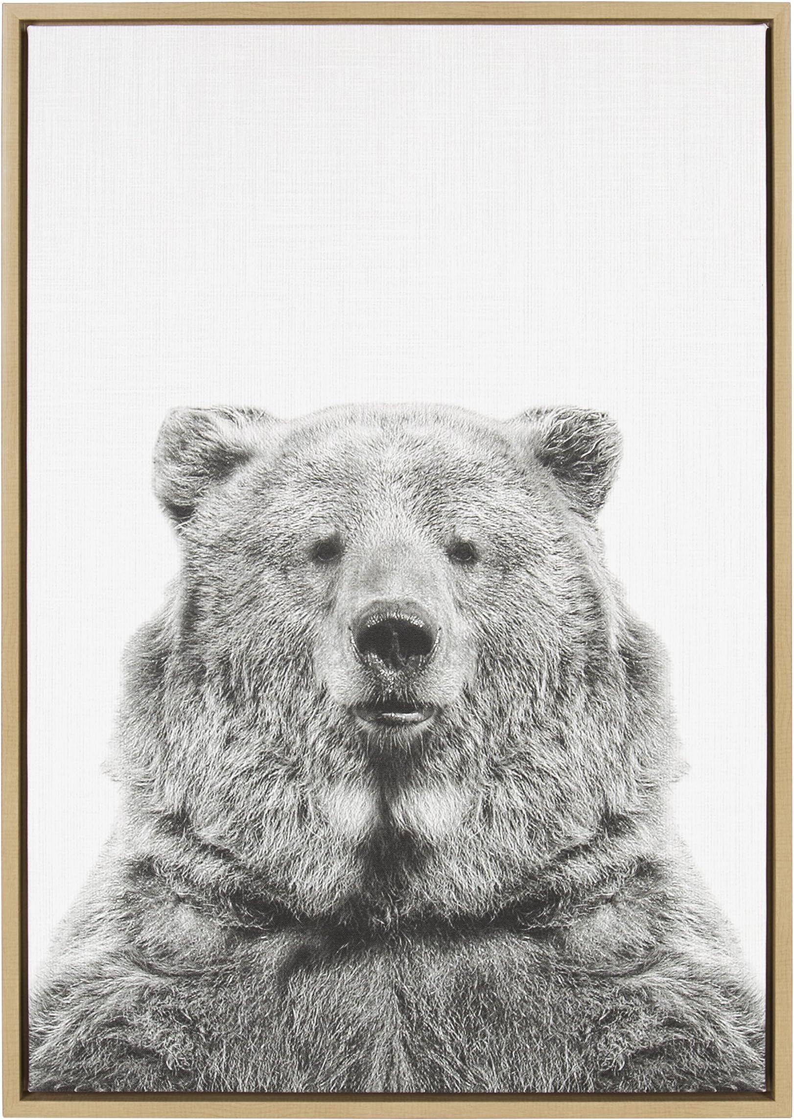 Kate and Laurel - Sylvie Bear Animal Print Black and White Portrait Framed Canvas Wall Art by Simon Te Tai, Natural 23x33
