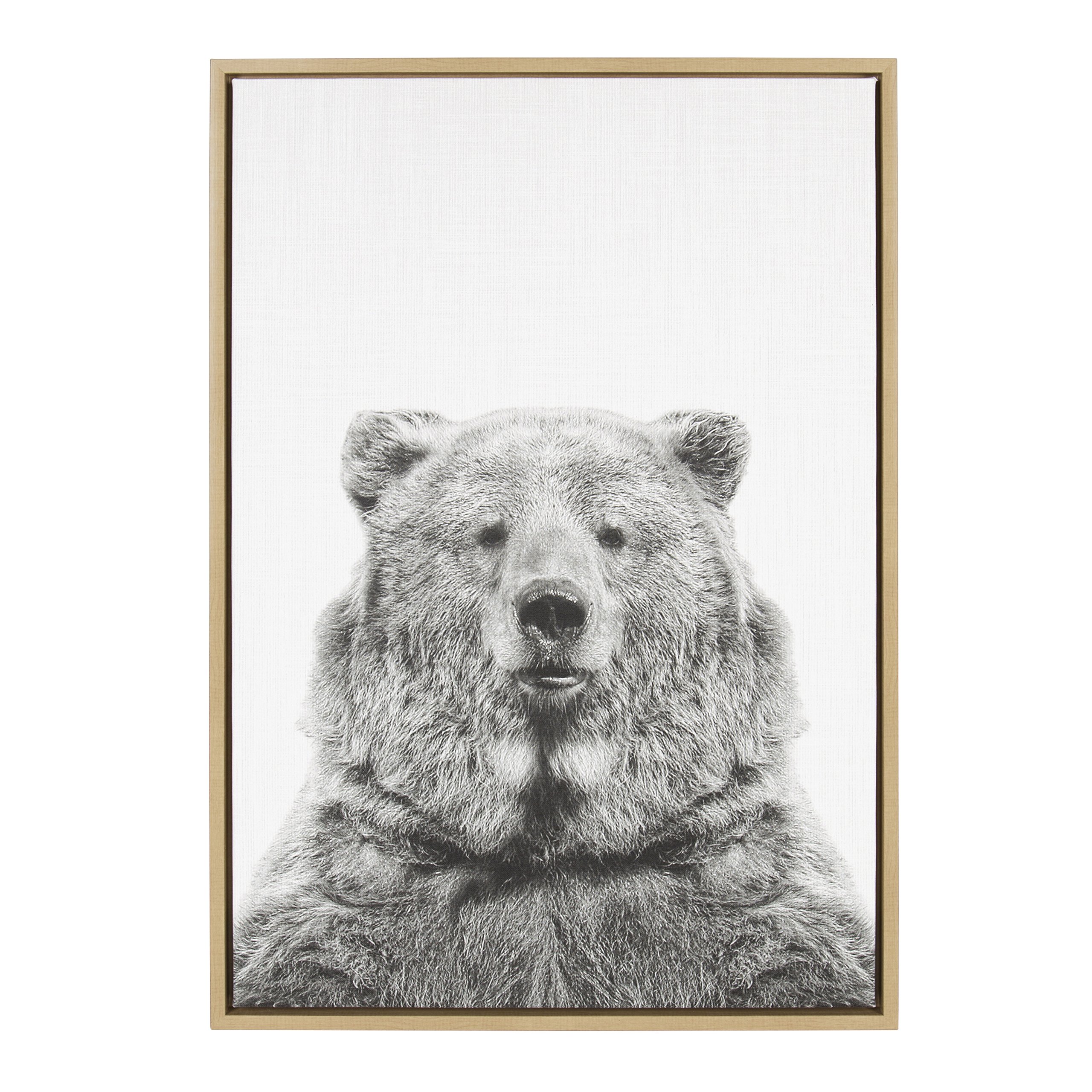 Kate and Laurel - Sylvie Bear Animal Print Black and White Portrait Framed Canvas Wall Art by Simon Te Tai, Natural 23x33