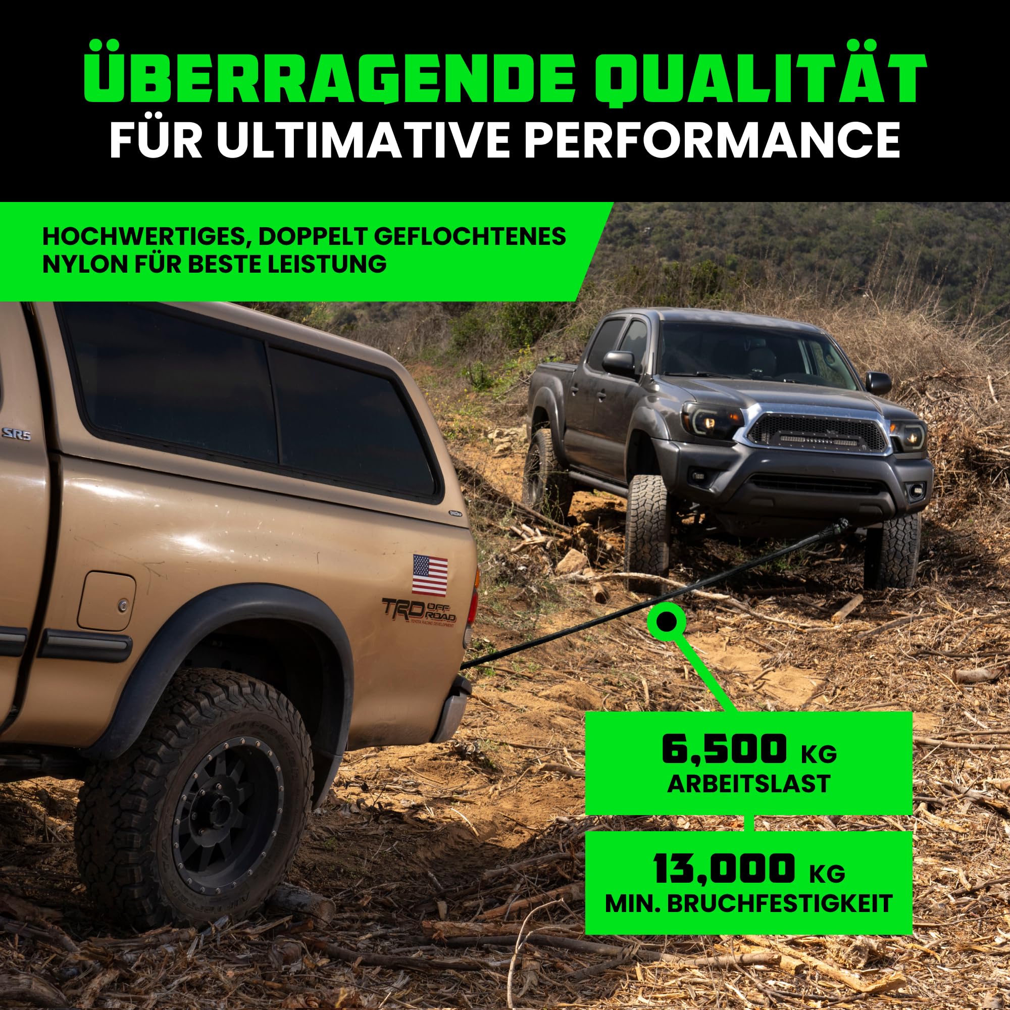 Rhino USA Kinetisches Seil Bergungssatz 13,000kg (2.2cm x 9m) - Schwerlast Offroad Schnappriemen - Abschleppseil elastisch Bergeseil - Set enthält 2 weiche Schäkel für LKW Auto Traktor - Schwarz