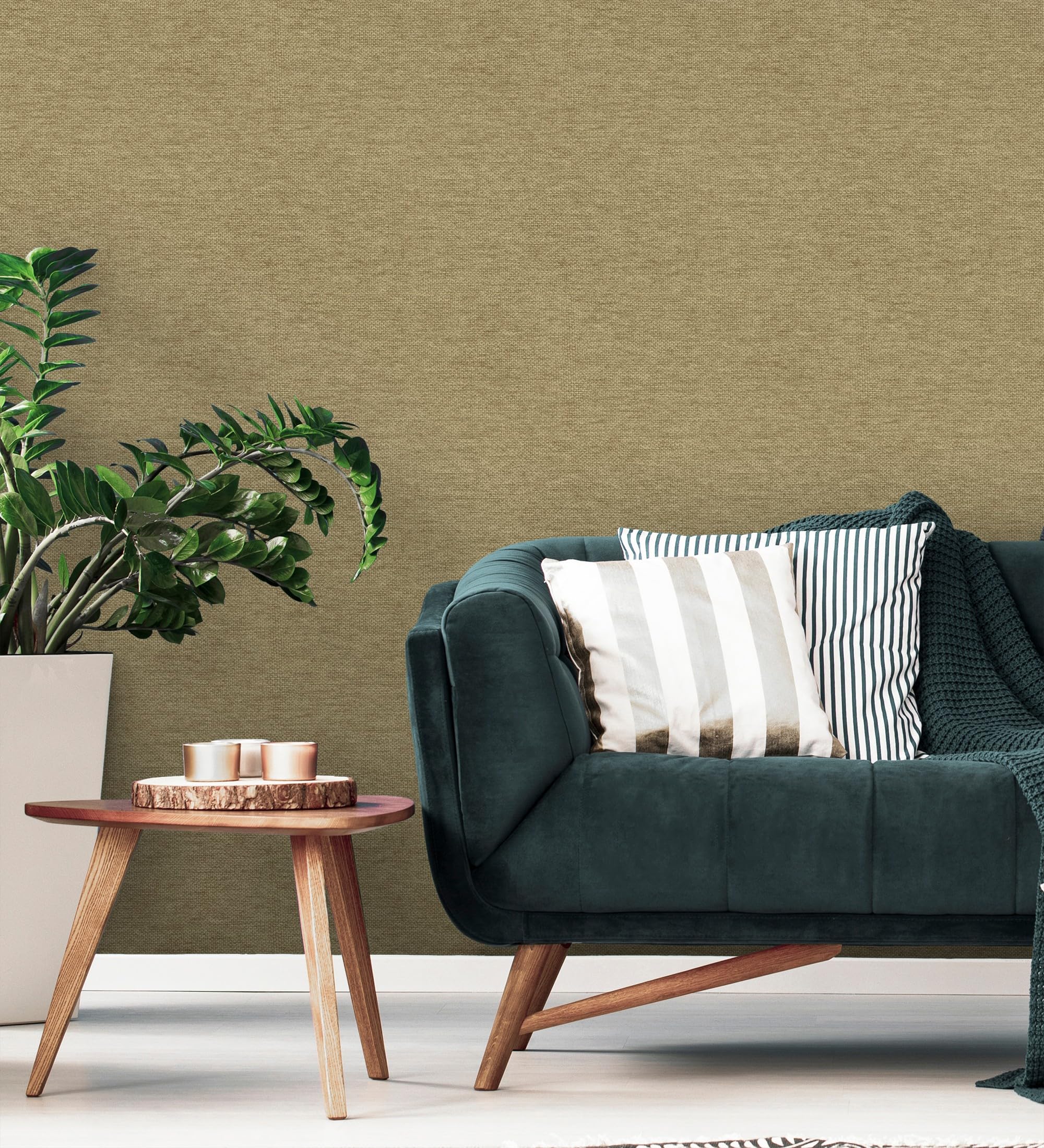 GAULAN 682881 - Papel pintado vinílico efecto fibra vegetal imitación rafia en relieve color oro viejo para pared salón cocina dormitorio pasillo - Rollo de 10 m x 0,53 m
