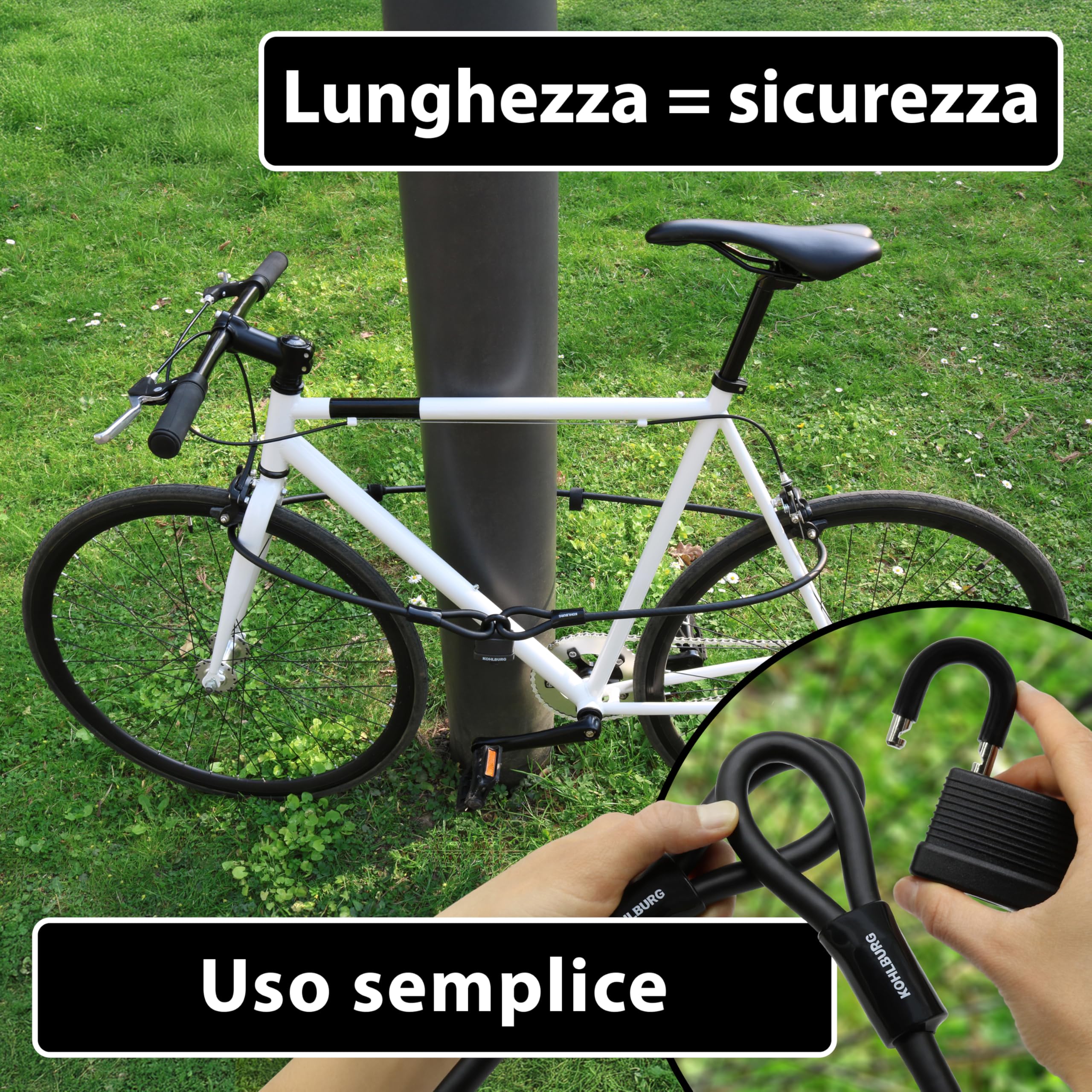 KOHLBURG antifurto bici a cavo acciaio da 2m – lucchetto bici con chiusura a chiave a scatto cavo da 200 cm – per catenaccio bici elettrica, per rimorchio, bicicletta, monopattino e passeggino