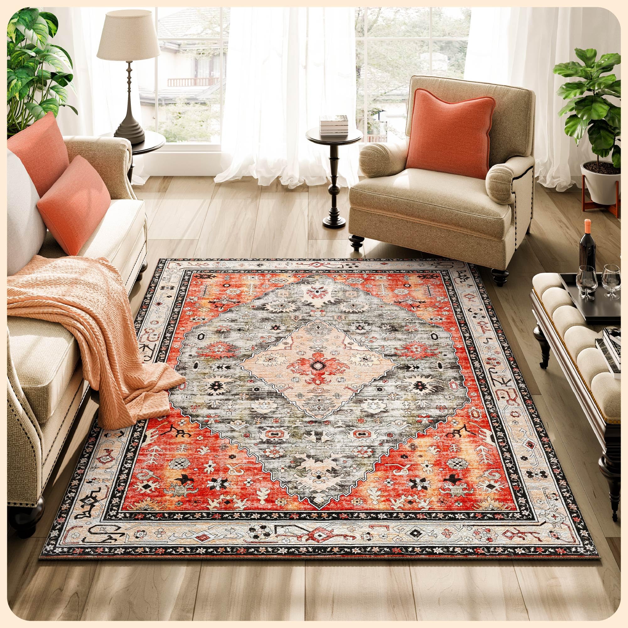 Istana Rugs 3x5 - Red & Teal 3x5 Washable Rug - Kid & Pet Friendly Dining Room Rugs for Under Table - Non Shedding 3x5 Rugs - Foldable Non Slip Area Rug - Eco-Friendly Materials for Red Teal Rugs