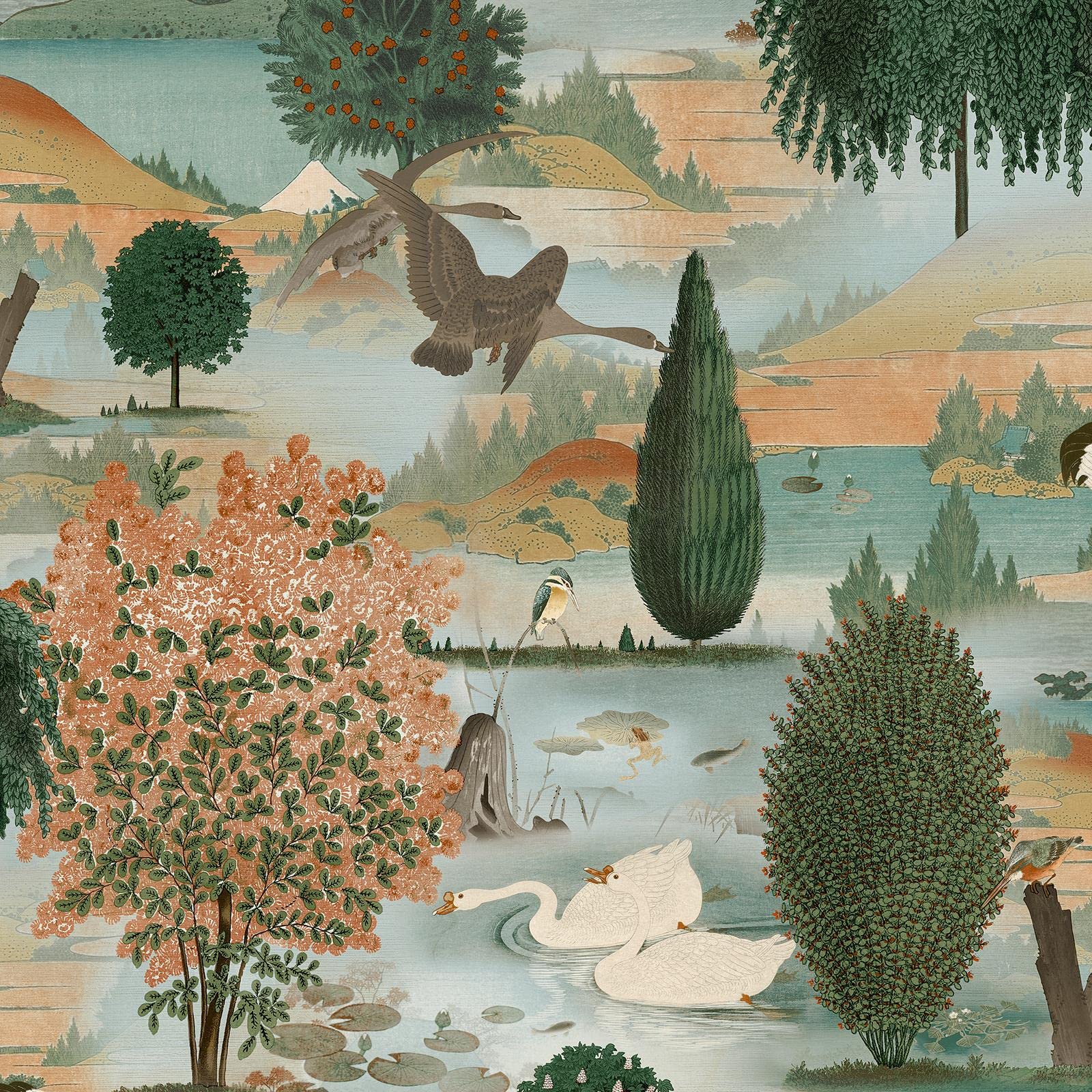Holden Decor Swan Lake Wallpaper Floral Wildlife Scenic Modern Orange/Green