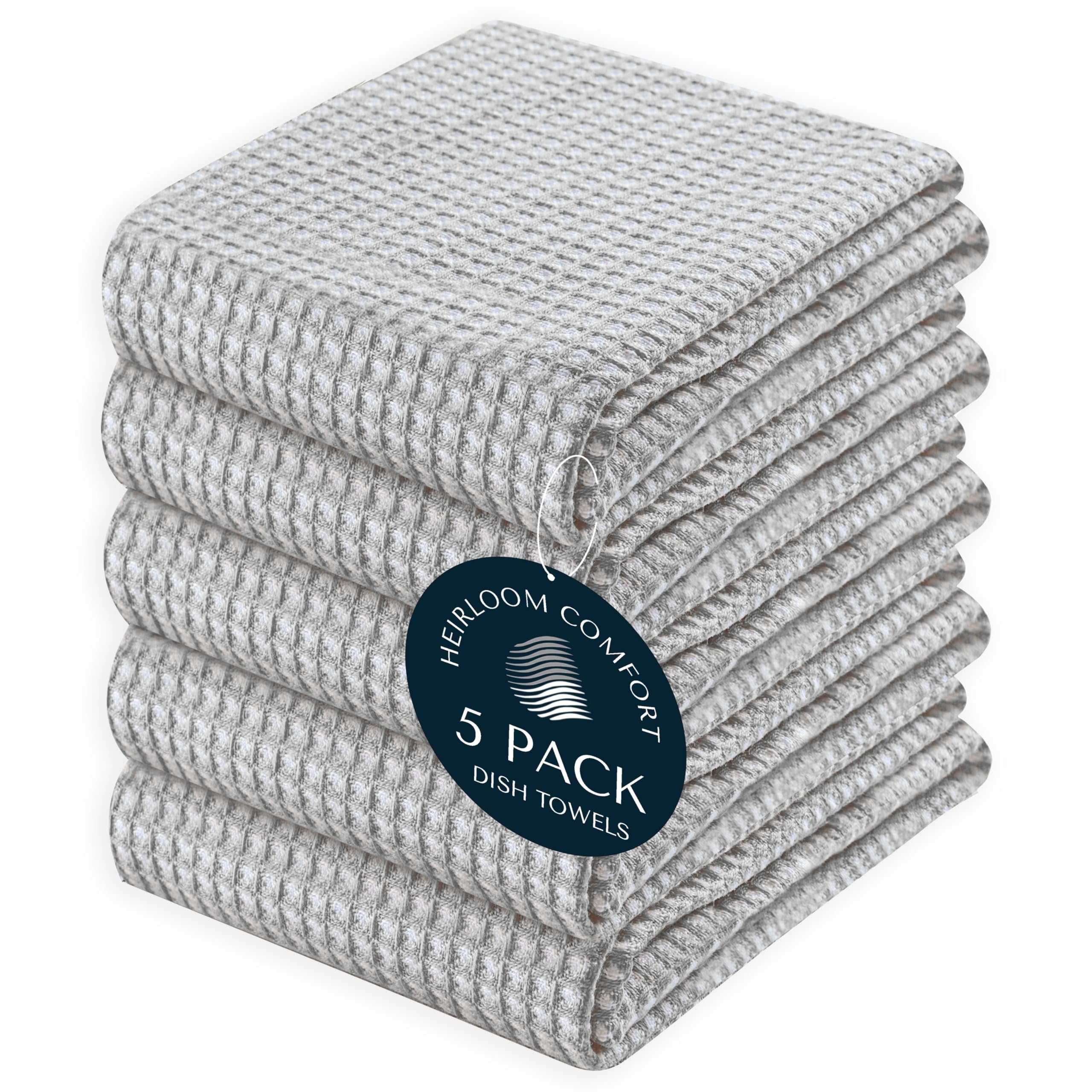 HEIRLOOM COMFORT 5 Pack Dual Reversible Waffle Weave Kitchen Towels, 40x66 cm, 100% Cotton, Absorbent Dishcloth Set, Quick Dry, Soft for Cleaning, Wiping, Hand Towels, Dish Rags, Durable, Ash Grey
