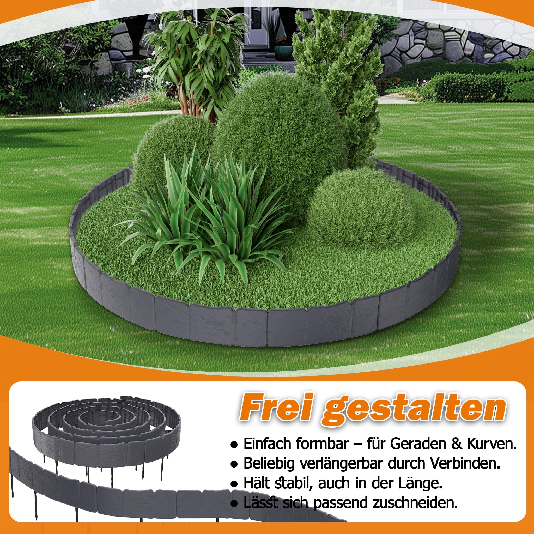YRhome Bordo per prato, 15 m, in plastica effetto pietra, flessibile e stabile, bordo per aiuole, bordo per falciare, palizzata, facile da applicare, per giardino, recinzione decorativa, antracite