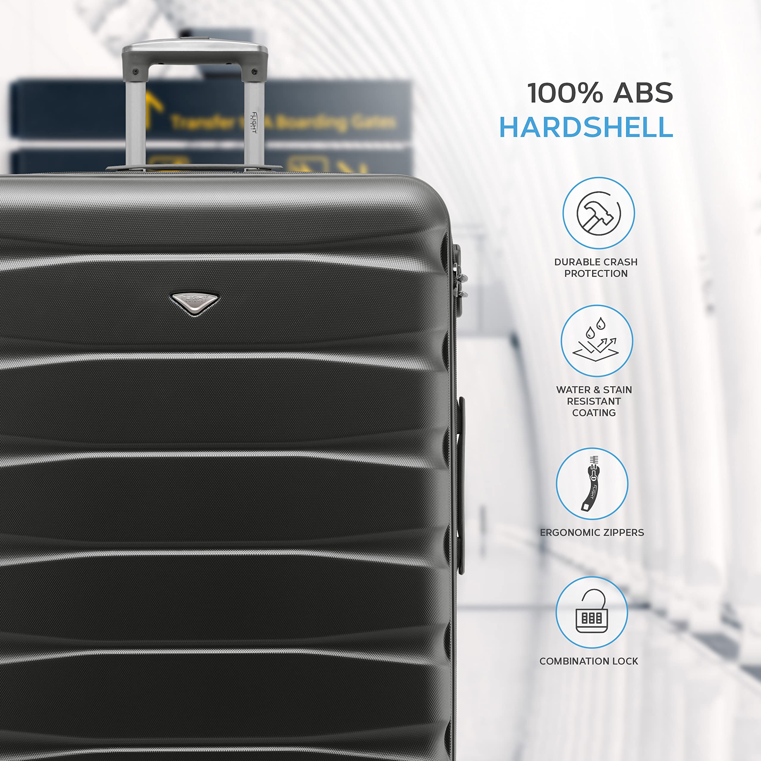 Flight Knight Lightweight 4 Wheel ABS Hard Case Suitcases Cabin & Hold Luggage Options Approved For Over 100 Airlines Including easyJet, British Airways, RyanAir, Virgin Atlantic, Emirates & Many More