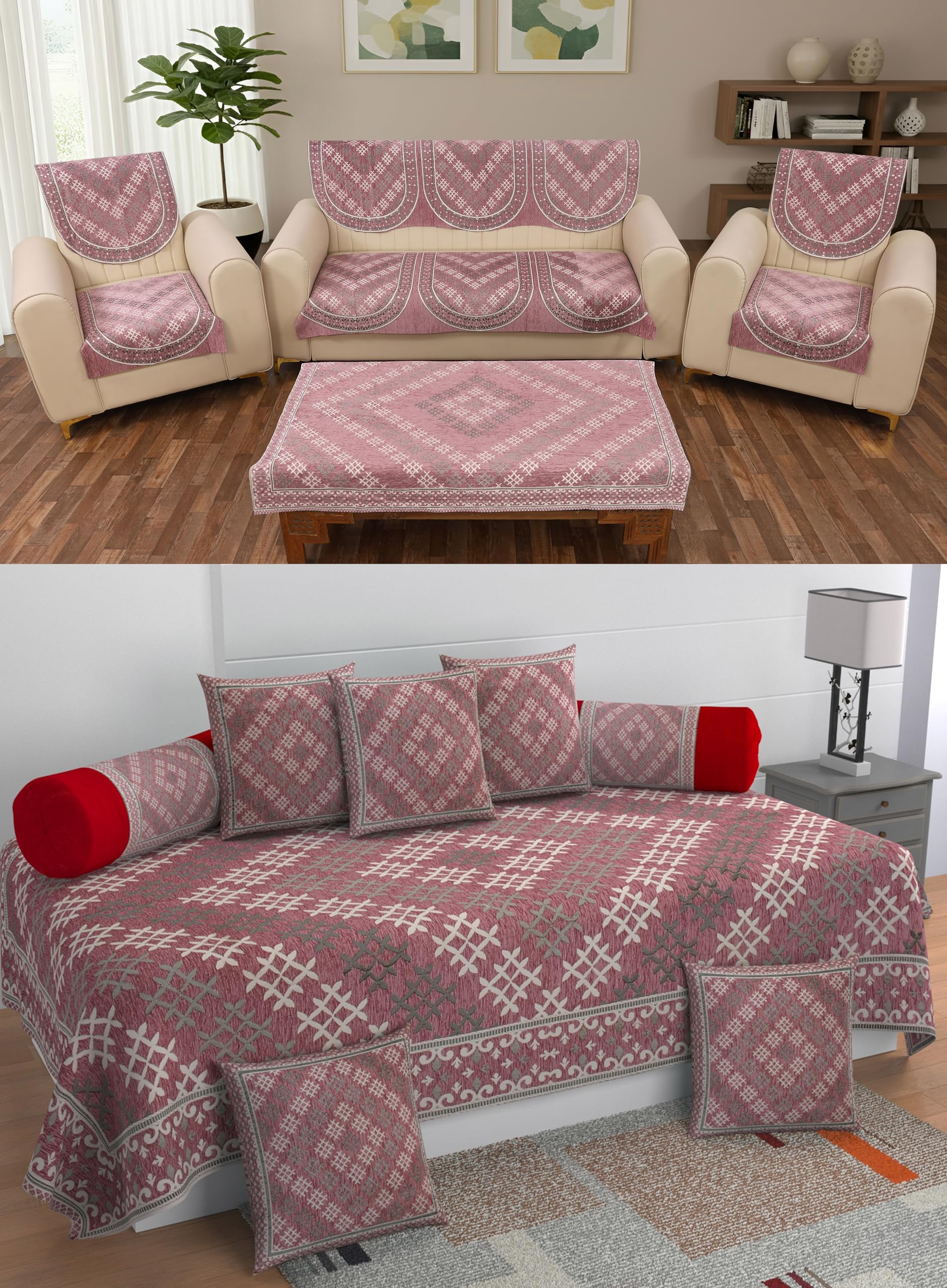 Castiqa Chenille Velvet Combo of Sofa Covers Set with Table Cover and Diwan Set Covers | 19 Piece Set | (Onion)-picture-28