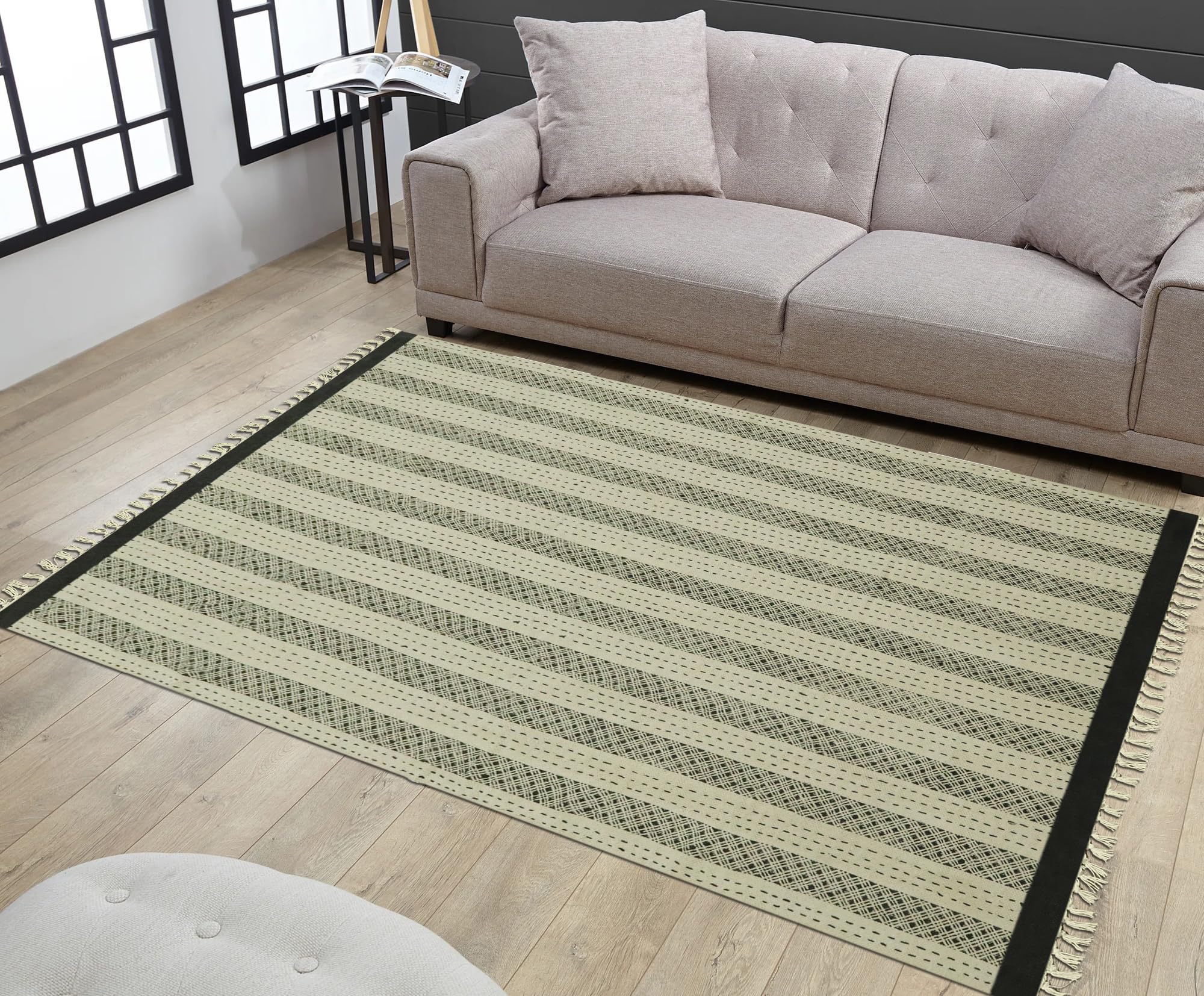 Dhurrie Kelim-Teppich, handbedruckt, Baumwolle, 30,4 cm, Beige / Schwarz, geometrisches Design, Handwäsche, 0,5 cm dick, handgefertigt, Boho, für drinnen und draußen, Flachgewebe, für Flur, Esszimmer