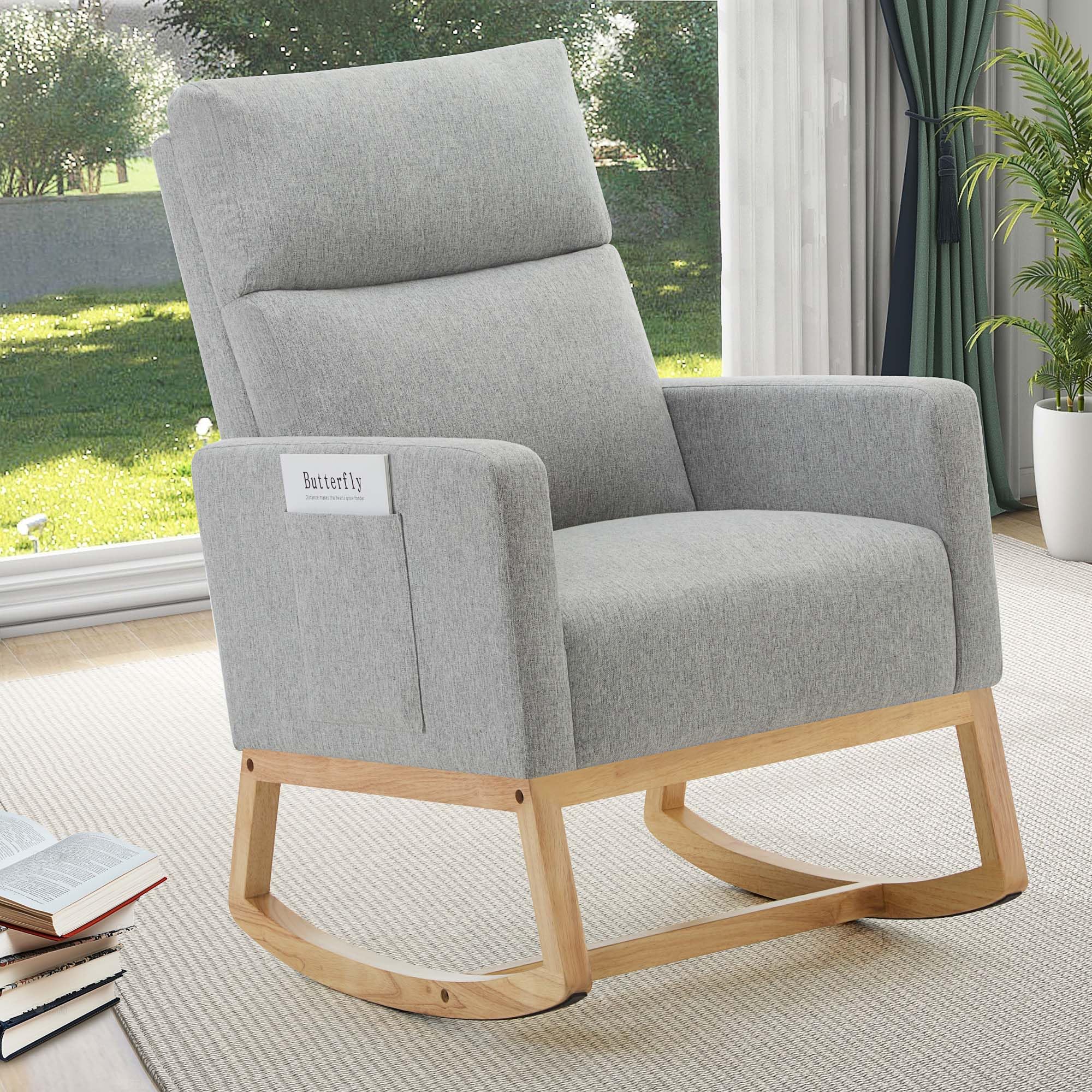 XH.Easy Go Rocking Chair for Nursery,Nursing Chairs for Adults Accent Rocking Linen Chair with HighBack,Side Pockets and Wooden Legs,Comfy Reading Nursery Armchair for Living Room Bedroom,Lightgrey