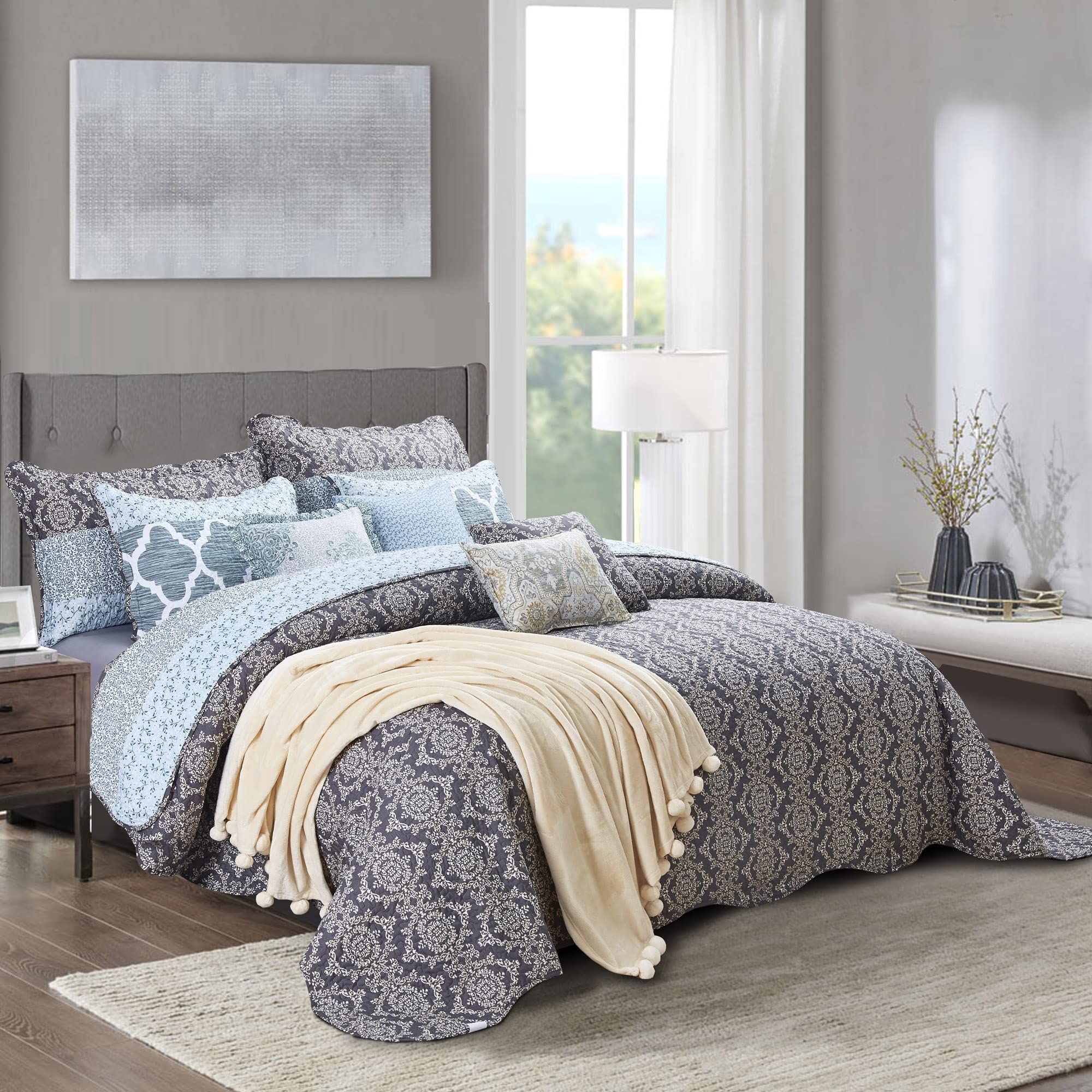 HESTIN Bedspread Plus Throw (10 Pieces Set), Lightweight Reversible Microfiber Quilted Coverlet with Floral Design for All Season, Blue Medal, Oversize (122