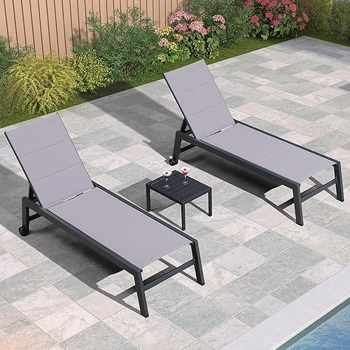 PURPLE LEAF Outdoor Chaise Lounge Set of 2 Aluminum Patio Lounge Chair with Wheels and Side Table Pool Chaise Lounge Chair for Poolside Outdoor Backyard Light Grey