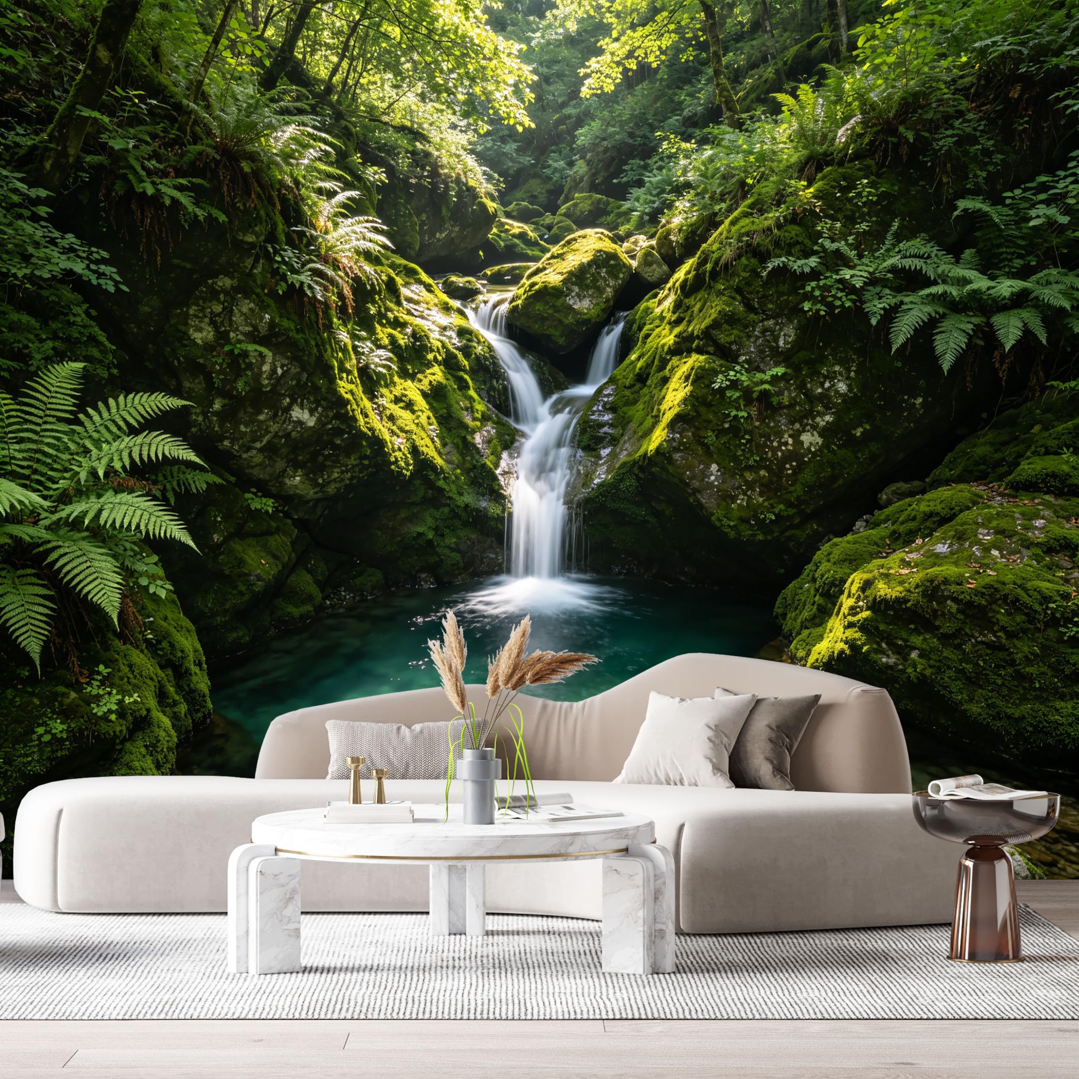 Custom Size Wall Murals Waterfall Forest Landscape Tropical Ferns Rock Moss SelfAdhesive Wall Fabric Removable Large Wallpaper for Photo Living Room