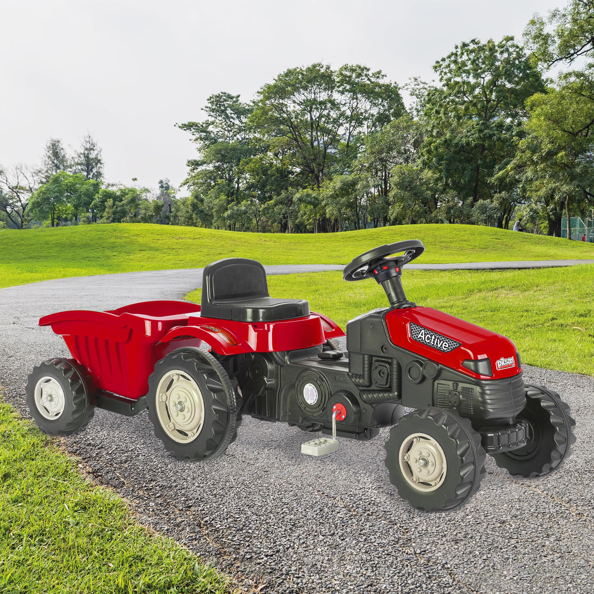 Lemodo Trettraktor rot ab 3 Jahre, Kindertraktor mit Anhänger, Verstellbarer Sitz, Kettenantrieb, Hupe, Traktor zum Draufsitzen für Garten & Hof, Kinderfahrzeug (rot mit Anhänger)