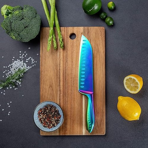 Vista 24 de WELLSTAR Santoku Cuchillo de cocina de 7 pulgadas, afilado estilo japonés con hoja de acero inoxidable de alto carbono, negro