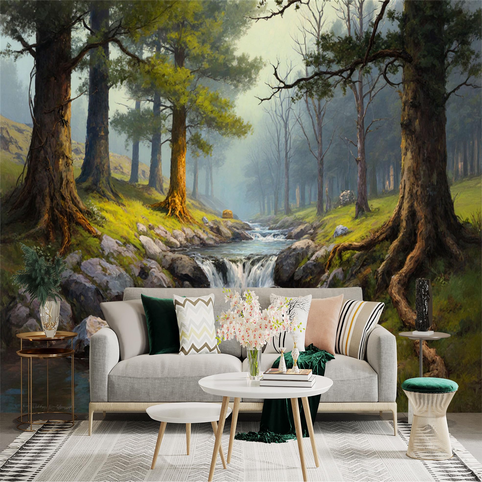 Custom Size Wall Sticker Mural， Forest Stream with Waterfall， Mossy Rocks and Morning Sunlight， for wall Decoration， peelandstick wall Decals.