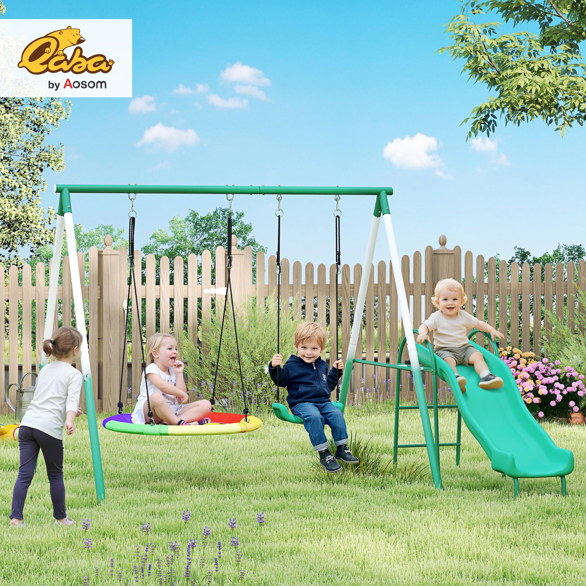 Qaba Swing Set for Backyard with Adjustable Seat and Saucer Swing, 5' Slide, Heavy Duty A-Frame Metal Stand Outdoor Playground Playset for Kids