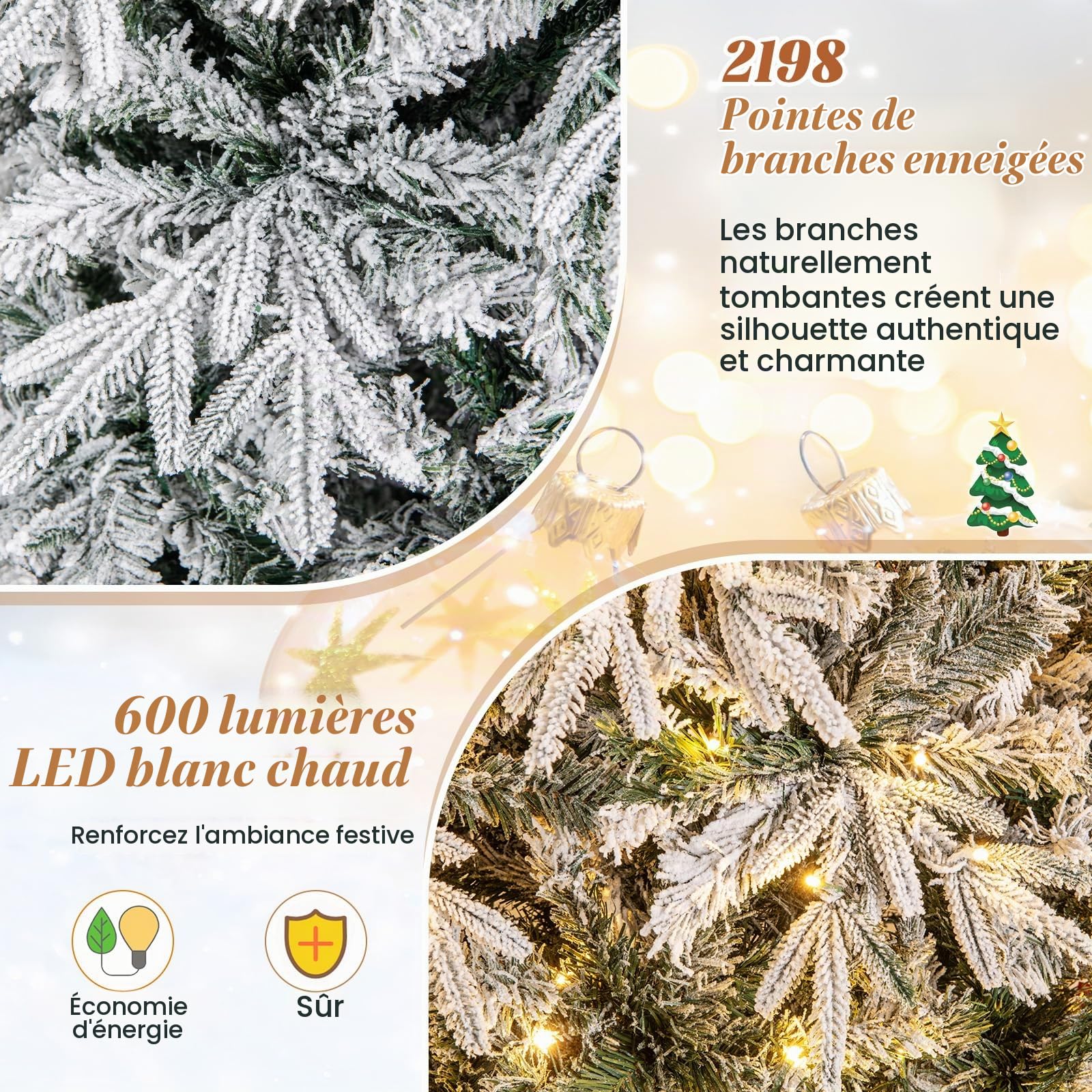 LIFEZEAL 240/270 cm Sapin de Noël Artificiel Enneigé Illuminé