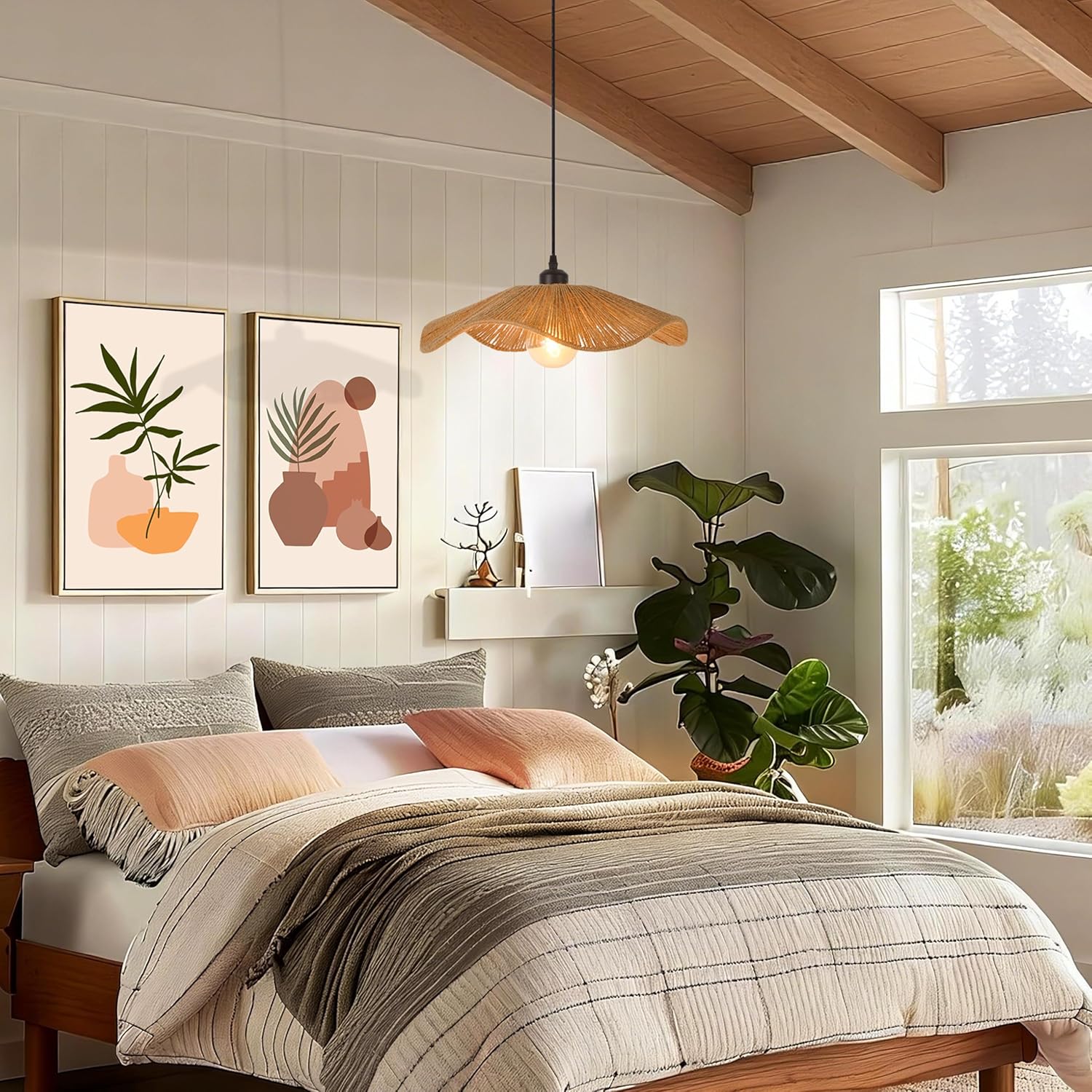 11.8" Boho Pendant Lights Kitchen Island, 1-Light Hand Woven Rope Ceiling Light Fixture Wicker Farmhouse Rustic Small Chandelier Hanging Lamp for Dining Room, Bedroom, Living Room, Entryway, Foyer