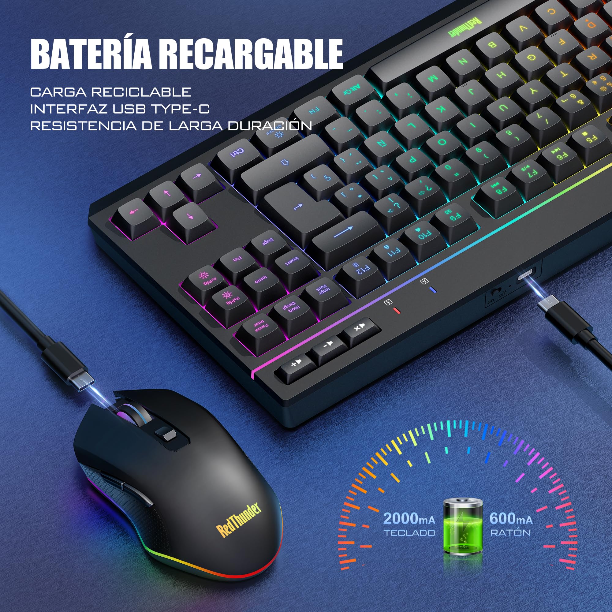 RedThunder K20 TKL Teclado Gaming Inalámbrico, Retroiluminación RGB Ajustable y Batería Recargable, Diseño Compacto con Disposición QWERTY ES y 6 Teclas Multimedia, Teclado USB para PC/Mac (Negro)