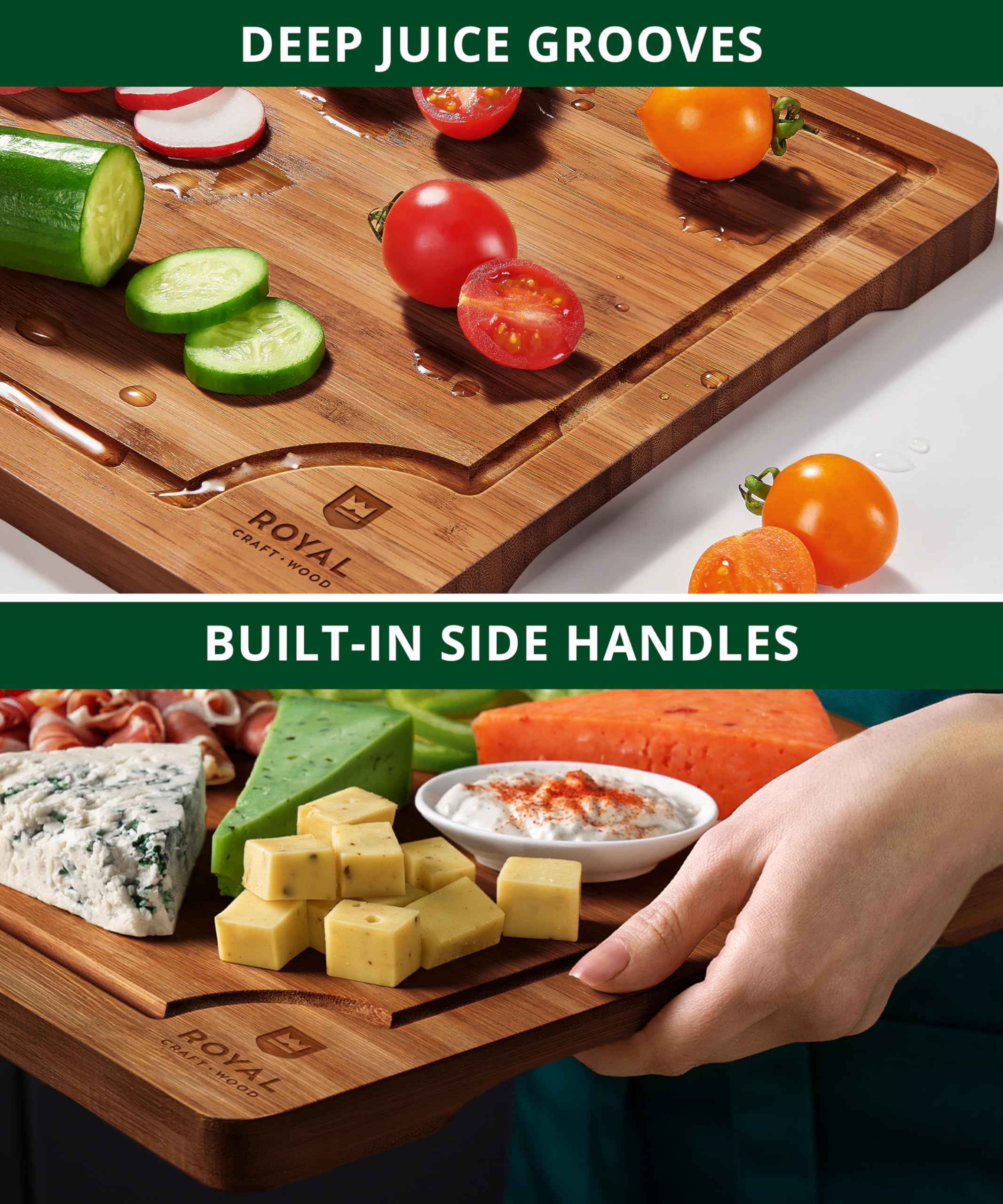 ROYAL CRAFT WOOD Wooden Cutting Boards for Kitchen Meal Prep & Serving - Bamboo Wood Serving Board Set with Deep Juice Groove Side Handles - Charcuterie & Chopping Butcher Block for Meat (3 Pcs)