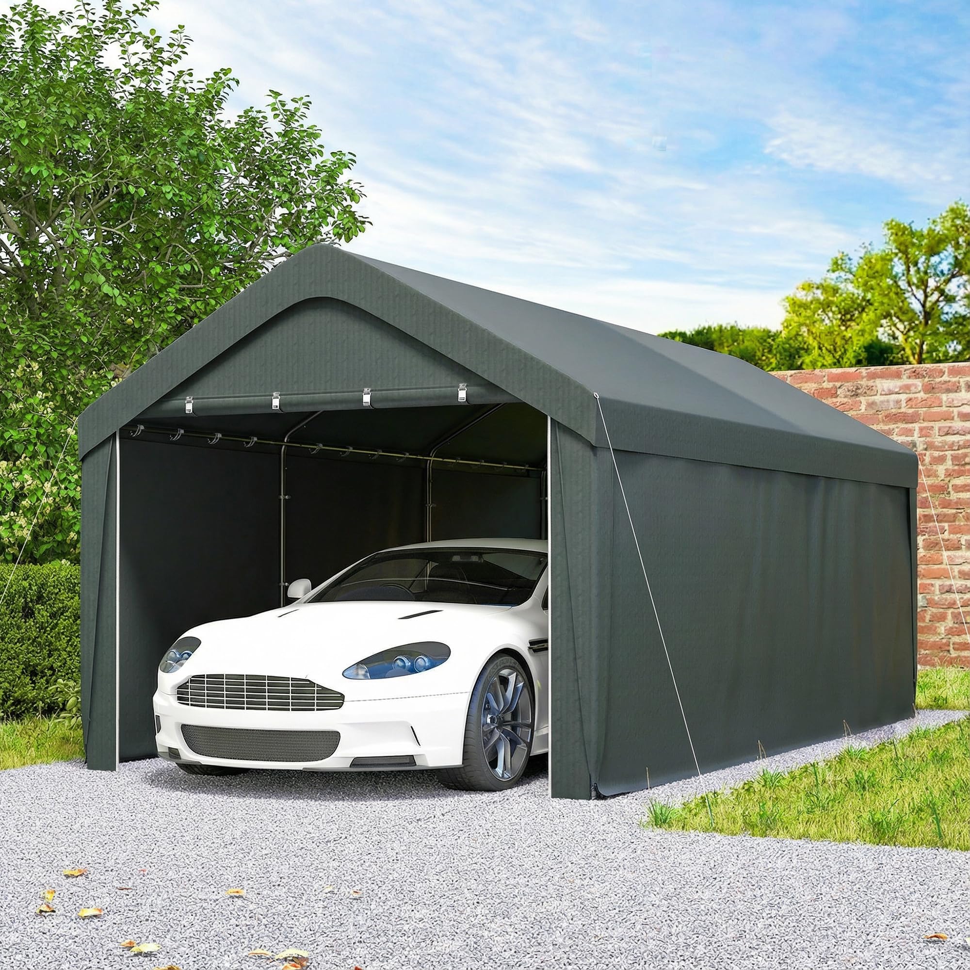Outsunny Carpa Garaje Portátil 3x6 m Impermeable para Coche Gris Oscuro | Anti-UV, Paredes Laterales Desmontables, 2 Puertas Enrollables, Garaje Exterior, Cobertizo para Herramientas de Jardín