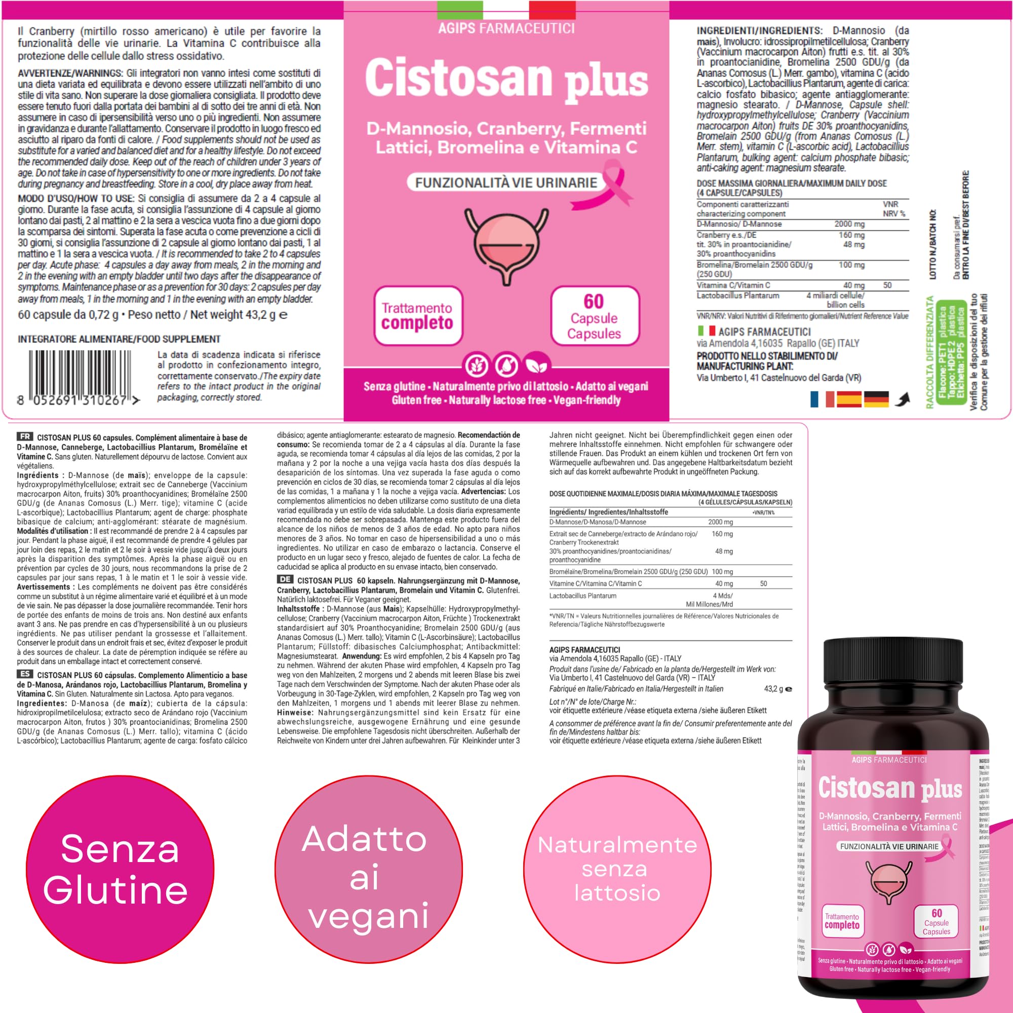 Integratore Cistite con D-Mannosio Puro 2000 mg Bromelina Mirtillo Rosso Fermenti lattici Vitamina C Per Favorire La Funzionalità Vie Urinarie Vegano 60 capsule Cistosan Agips Farmaceutici
