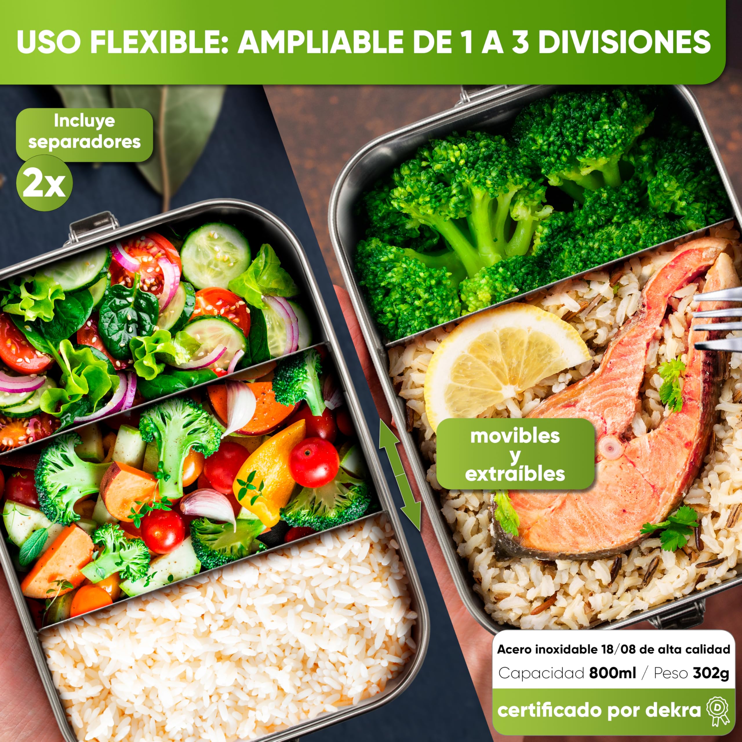 Blockhuette Fiambrera Acero inoxidable infantil Con 3 Compartimentos 800ml - Lunch Box Hermetica - Metálico Infantil y Adulto - Lunch box niños y Trabajo - Sin BPA - Oficina