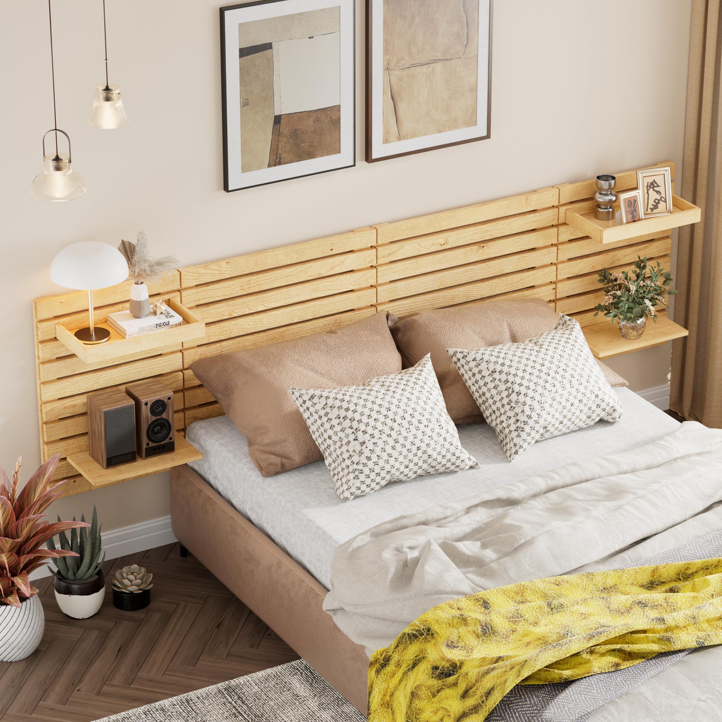 MSFE Cabecero de Cama Colgante,Cabecero de Pared para Cama 240 * 62CM de Madera de Pino,Cabecero Listones Madera con 4 Estantes,Diseño Industrial,Decoración de Dormitorio,Cabeceros,Cabecero de Madera