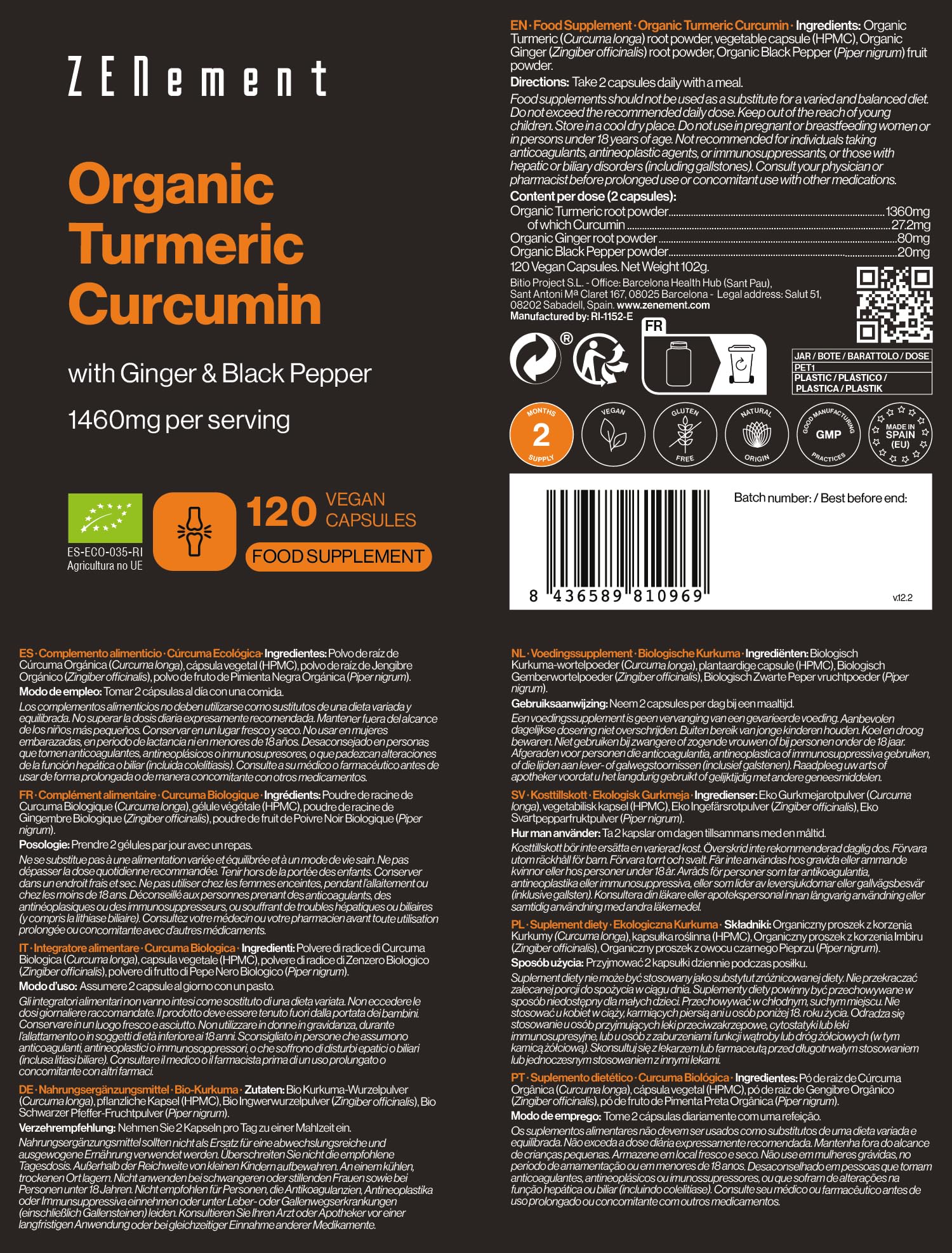 Curcuma Biologica - 1460mg per Dose (2 Capsule) con Zenzero e Pepe Nero - 100% Biologica e Vegana, Formula Sinergica di Alto Assorbimento - 120 Capsule Vegetali, 2 Mesi di Fornitura - Zenement