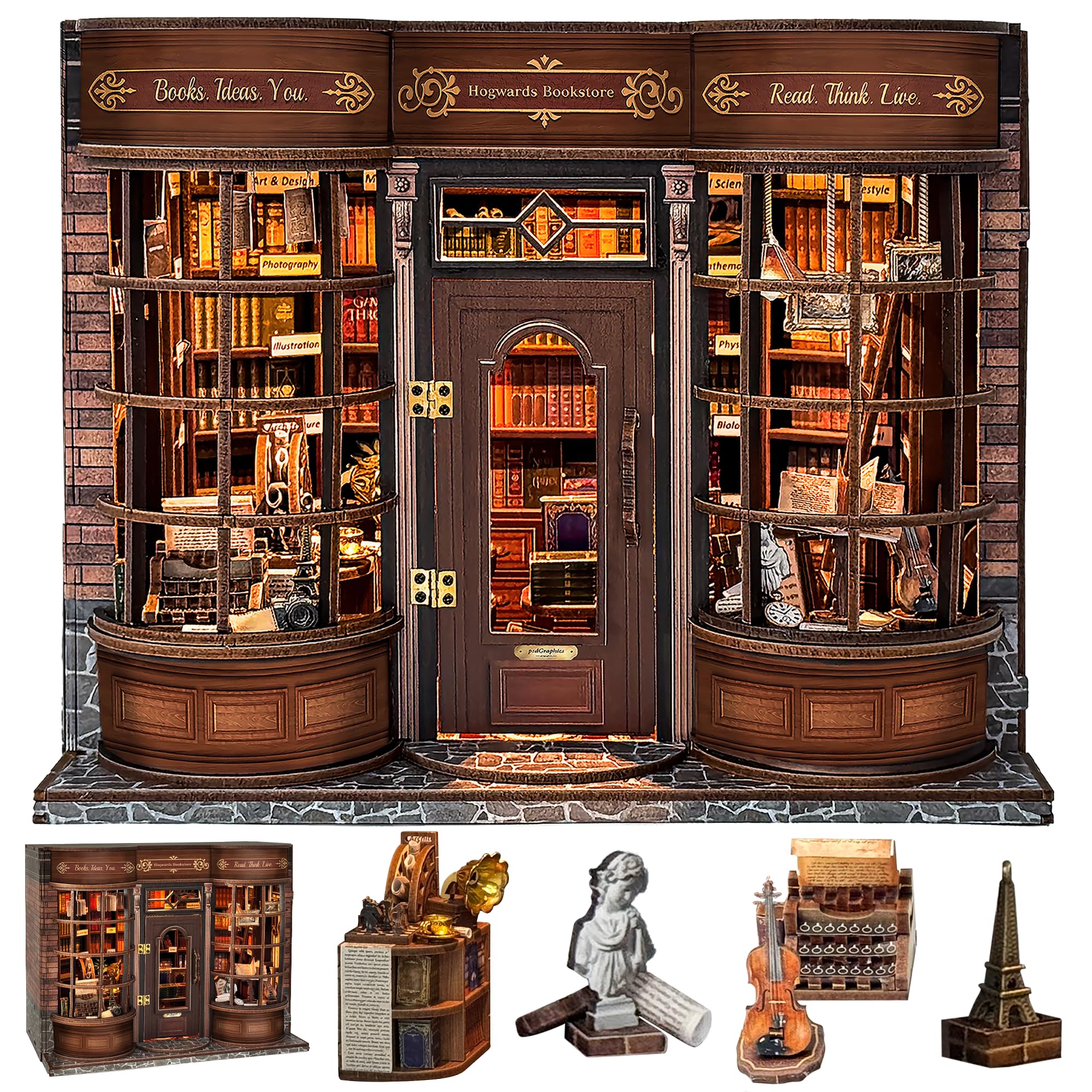 Book Nook Kit for Adults - LUMYCE 3D Wooden Puzzle Bookshelf Insert Decor, DIY Miniature House Kit to Build with LED Light, Creative Library Model Kit Ideal Birthday