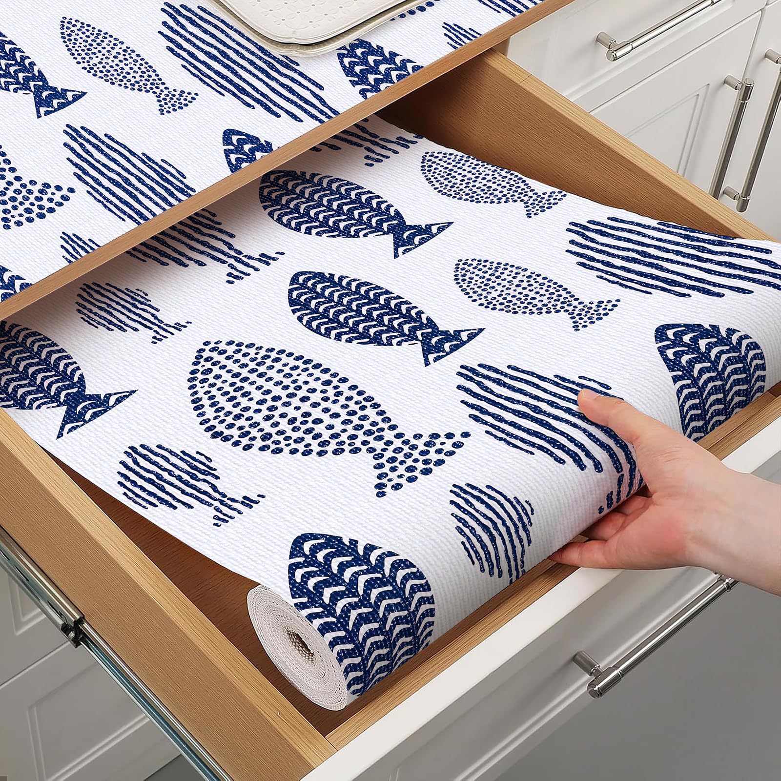 Blue Shelf Liner for Kitchen Cabinets Non Adhesive Drawer Liners Non Slip Cupboard Liner Strong Grip Waterproof Kitchen Cabinet Liners Easy to Clean Blue Dresser Shelves Paper 12IN x 10FT