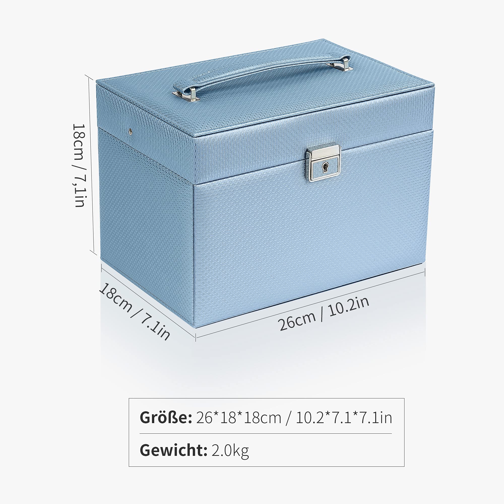 ADEL DREAM Portagioie con Manico a Specchio Chiudibile a Chiave da Viaggio, 4 Livelli con 3 Cassetti per Riporre Gioielli, Idea Regalo per Donna, blu champagne